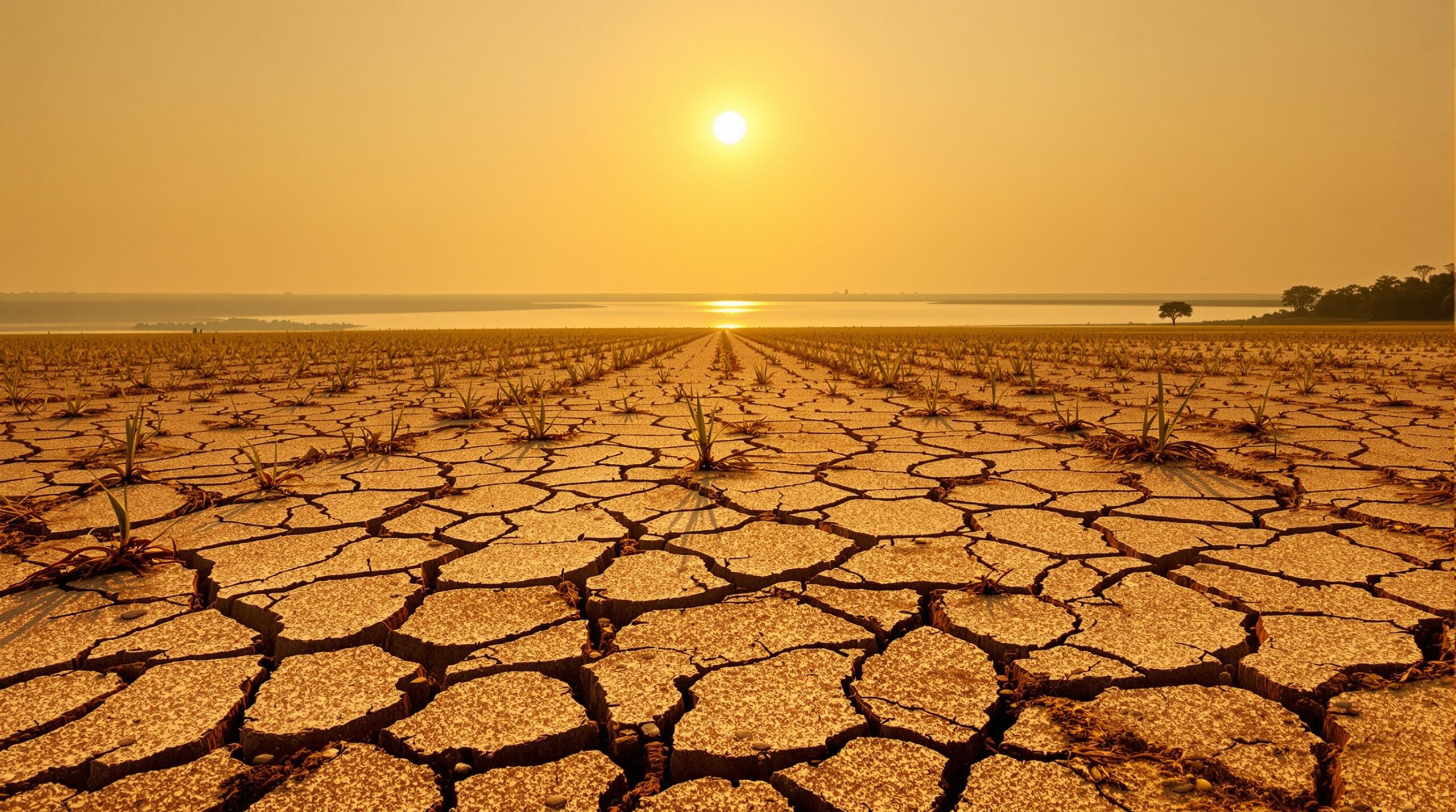 Seca extrema no Nordeste brasileiro mostrando terra rachada e reservatórios vazios