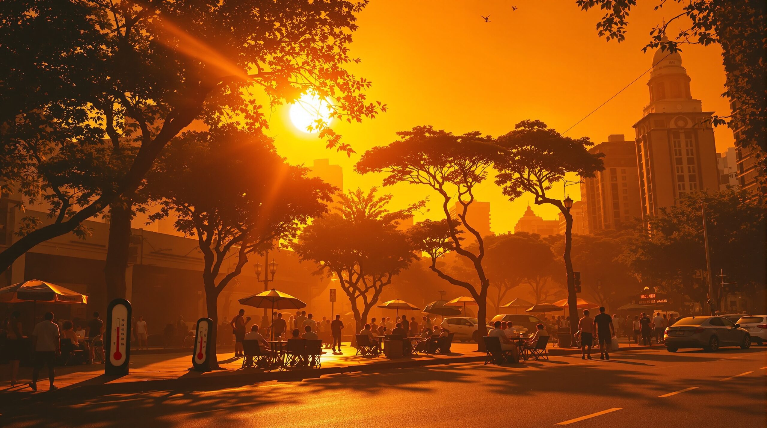 Cidade brasileira durante onda de calor extremo com pessoas buscando sombra