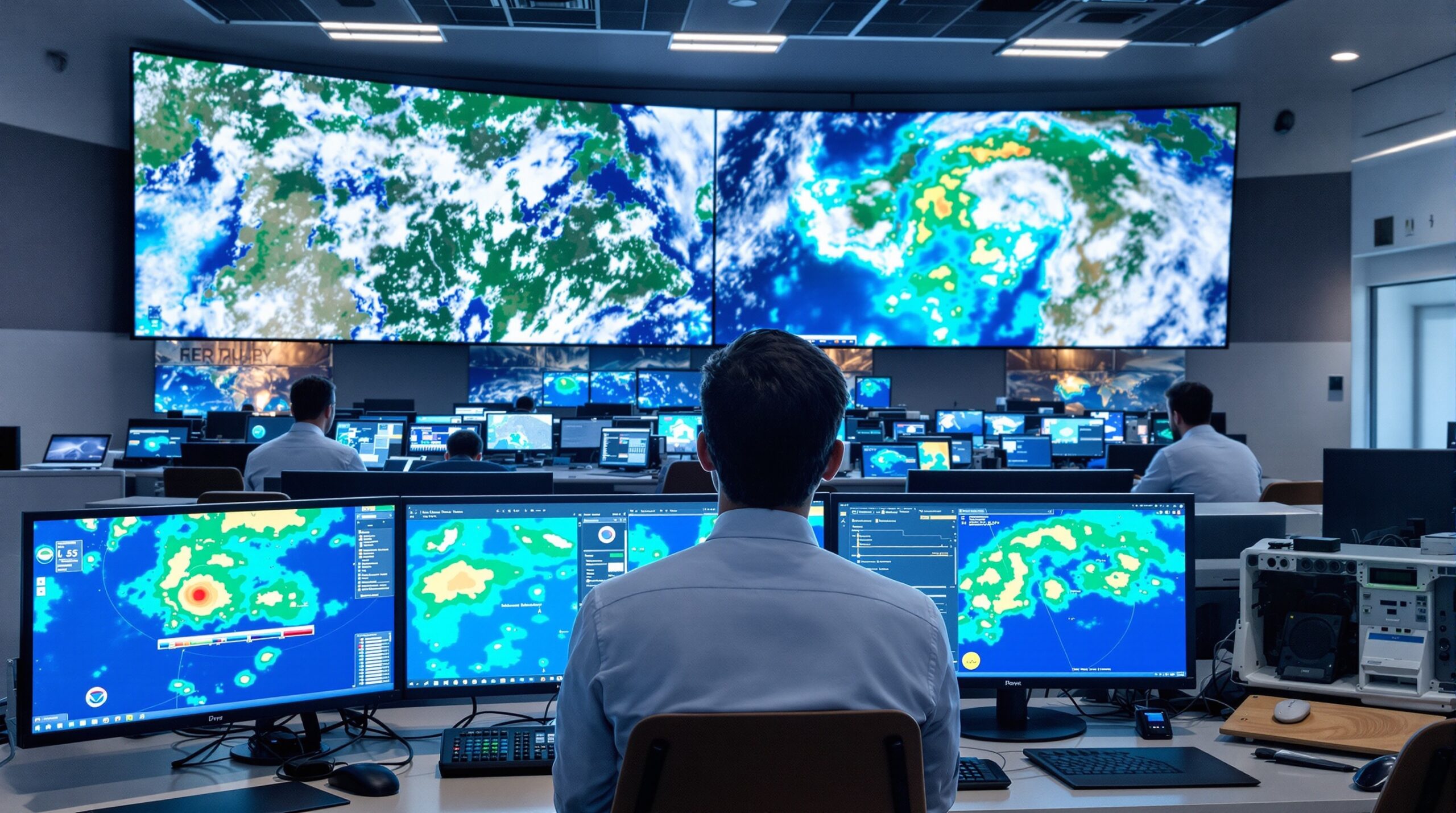 Centro moderno de previsão meteorológica com imagens de satélite, telas de computador mostrando modelos climáticos, meteorologistas analisando dados