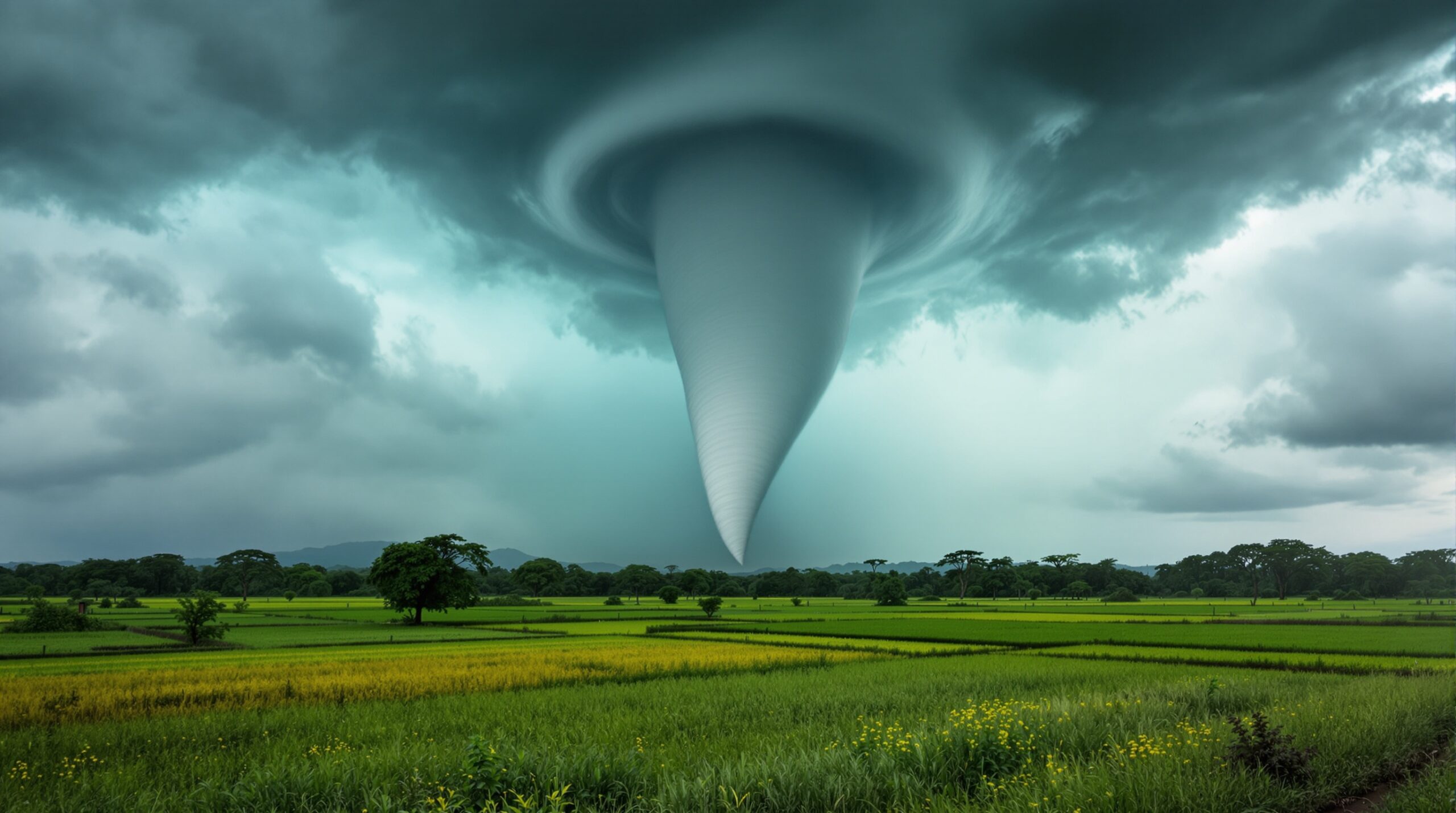 Funil de tornado tocando o solo em campo brasileiro, céu tempestuoso dramático, ventos rotativos poderosos, fenômeno meteorológico severo