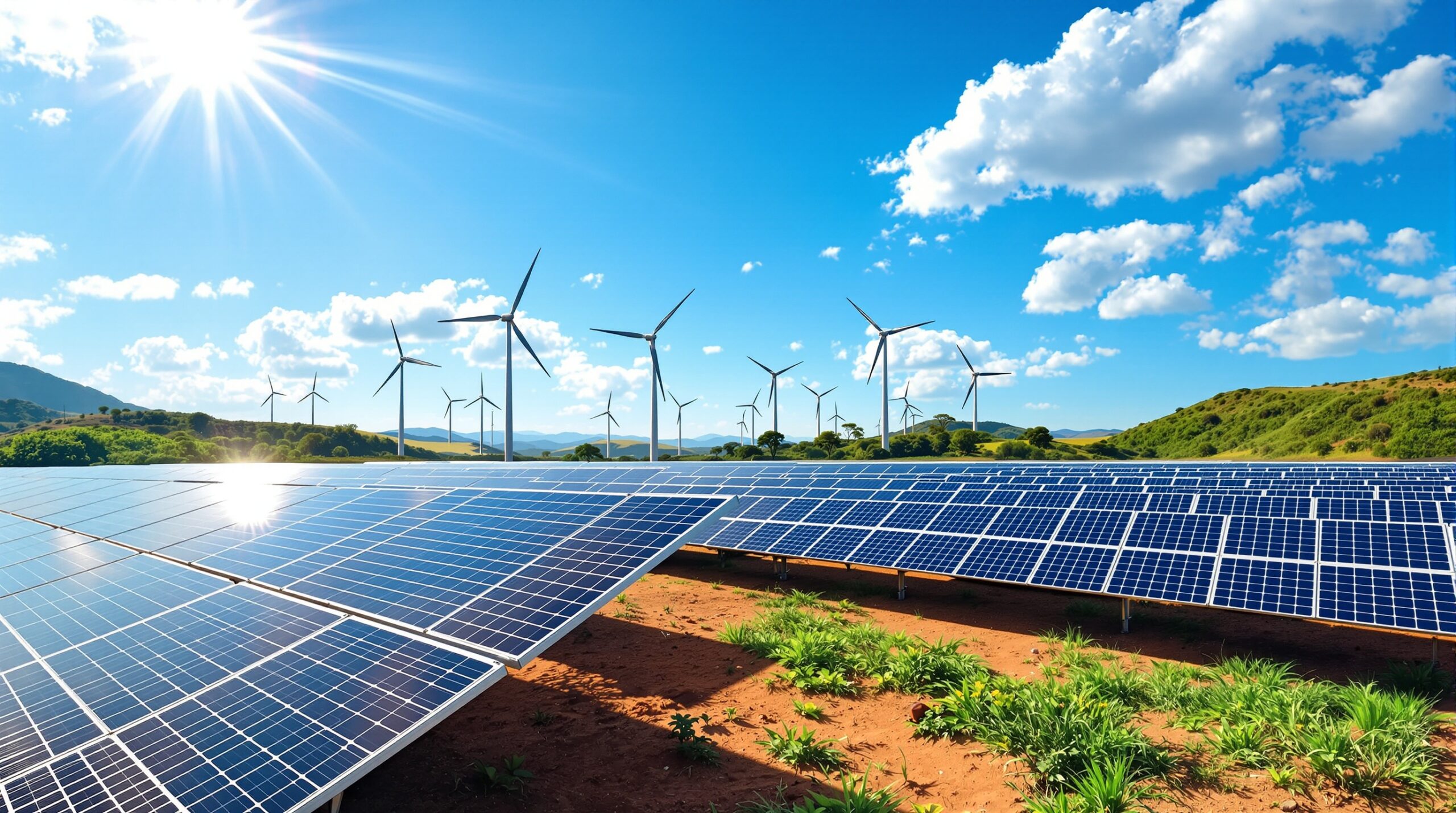 Painéis solares e turbinas eólicas em paisagem brasileira