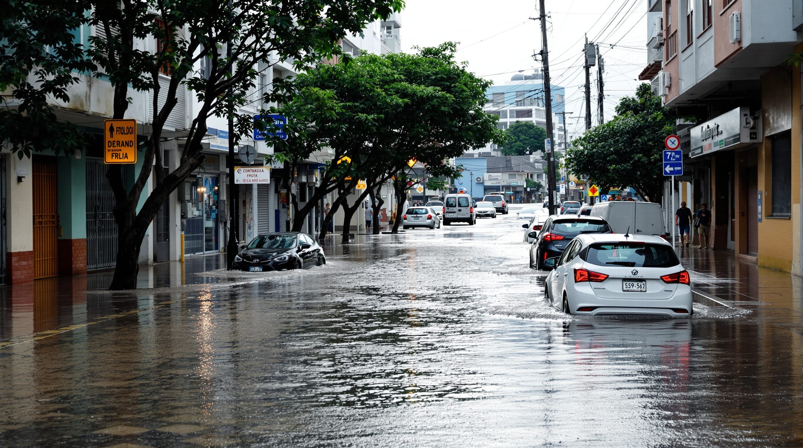 Enchente urbana em rua de cidade brasileira
