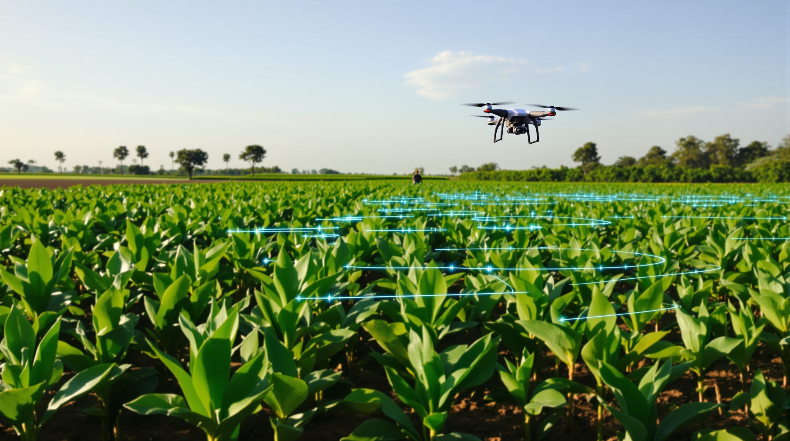 Drone sobrevoando lavoura em agricultura de precisão