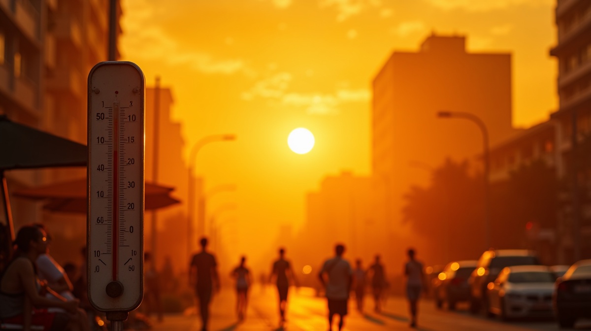 Onda de calor extremo em cidade brasileira com termômetro marcando temperatura muito alta