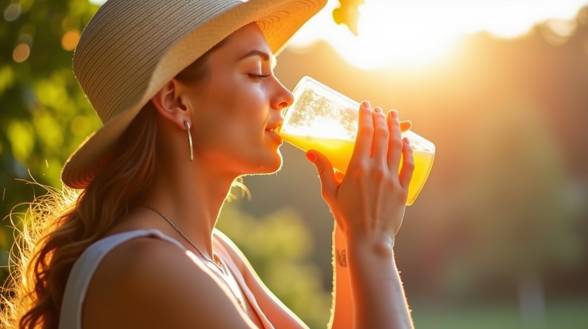 Pessoa se protegendo do calor extremo com hidratação e proteção solar