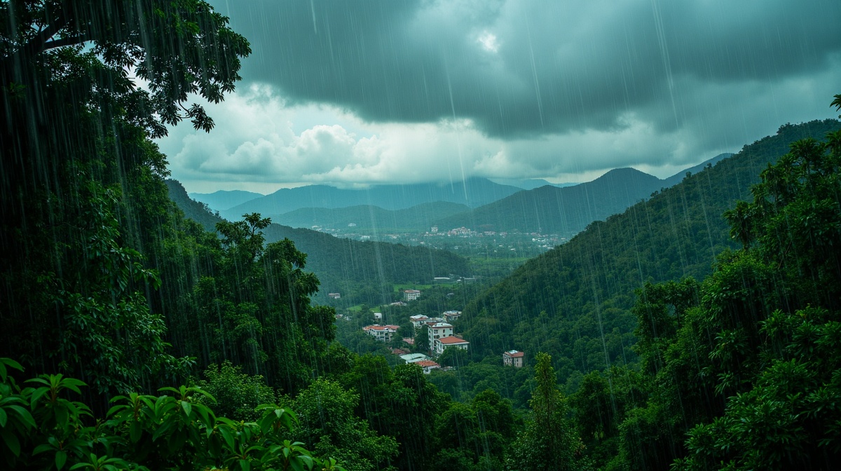 Chuva tropical intensa sobre paisagem brasileira com vegetação exuberante