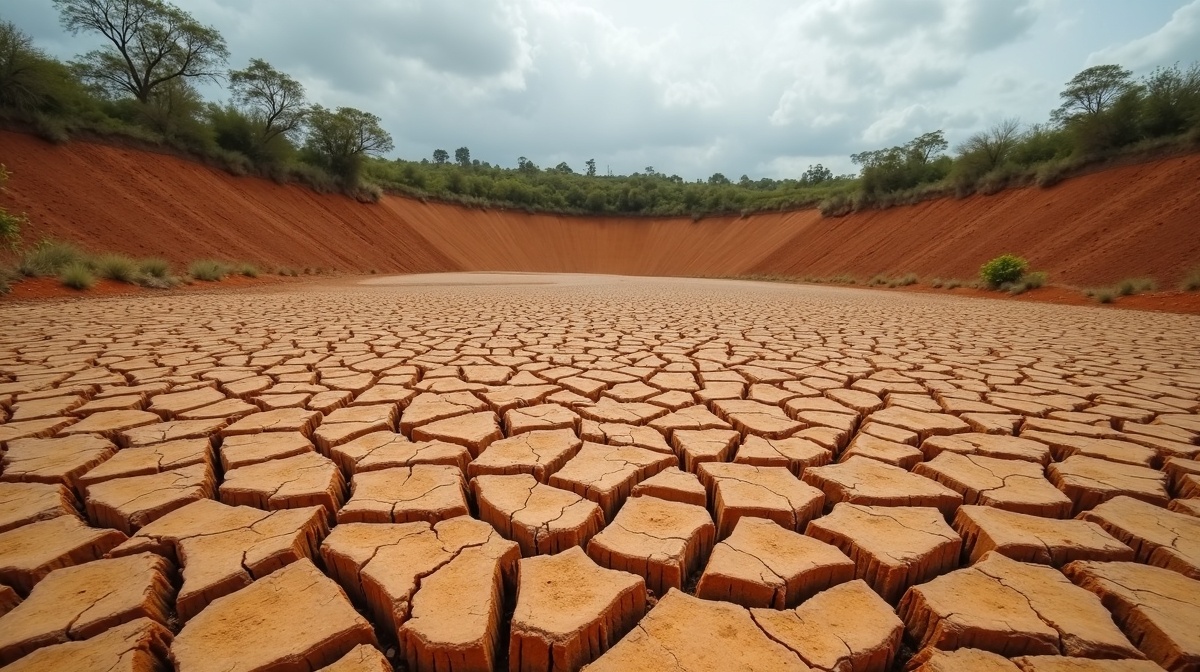 Seca severa no Nordeste brasileiro durante El Niño com terra rachada e reservatório vazio