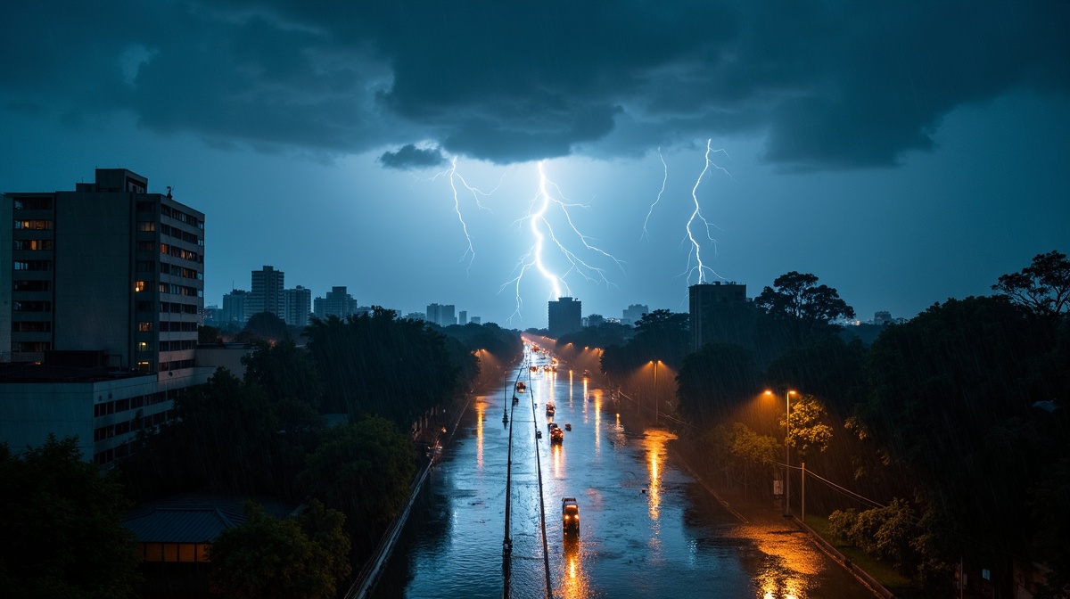 Tempestade de verão intensa em cidade brasileira com ruas alagadas e nuvens escuras