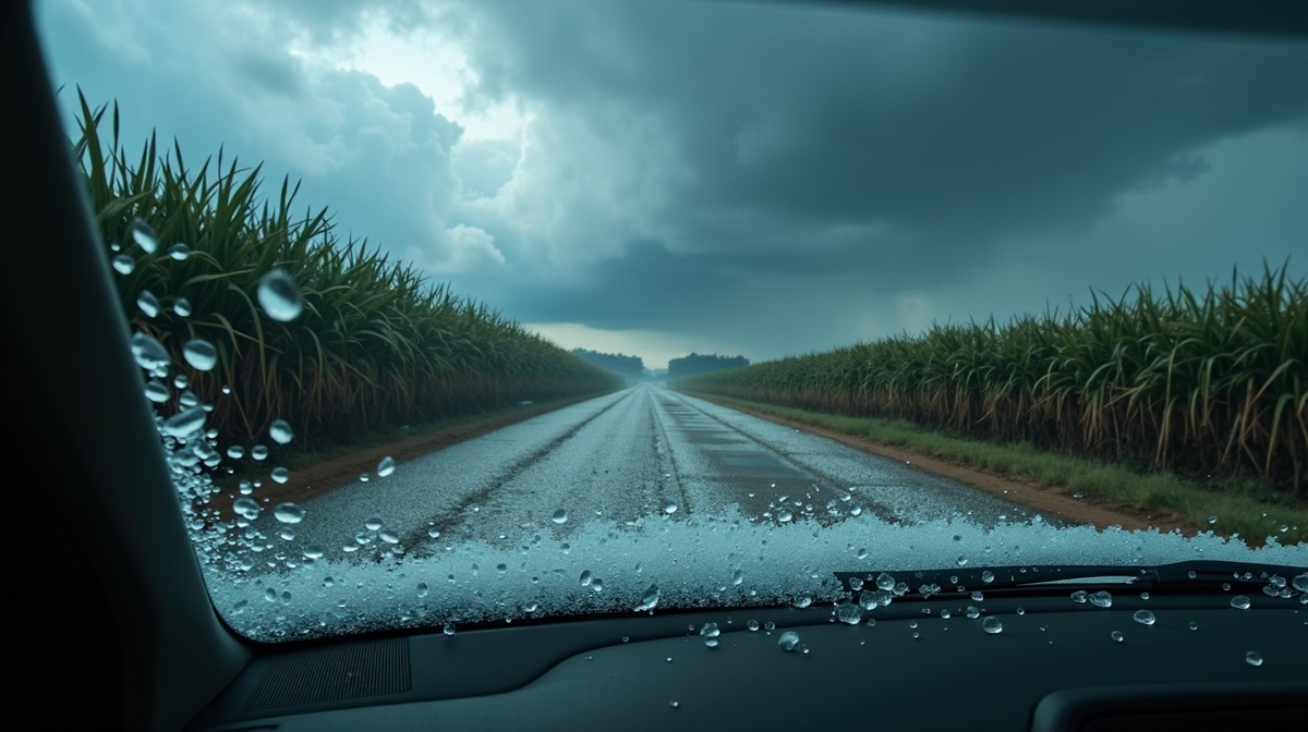 Tempestade de granizo no Sul do Brasil com pedras de gelo no chão e veículo danificado