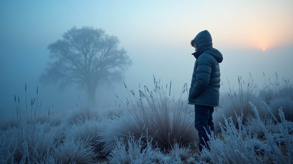 Paisagem de inverno brasileiro com geada em vegetação e pessoa vestindo roupas quentes