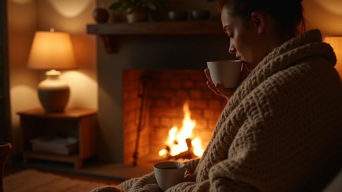Interior acolhedor de casa brasileira durante o inverno com lareira e pessoa tomando bebida quente