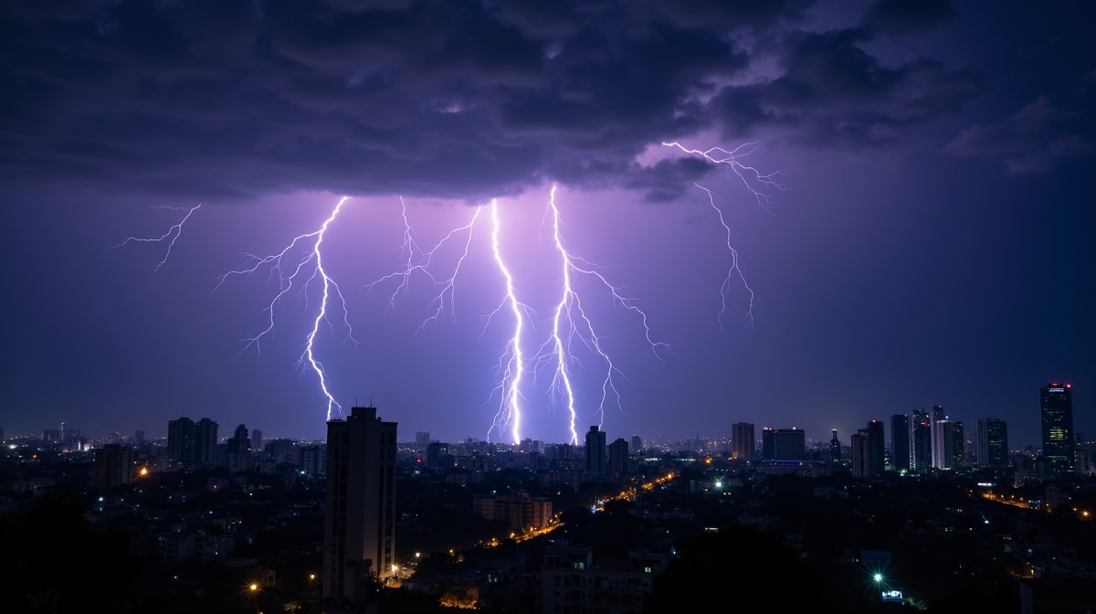 Raios dramáticos iluminando o céu durante tempestade noturna em cidade brasileira