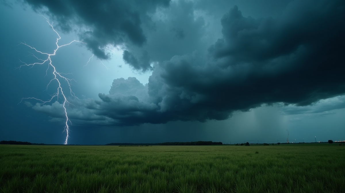 Nuvens escuras se aproximando sobre campo aberto brasileiro com sinais de tempestade elétrica