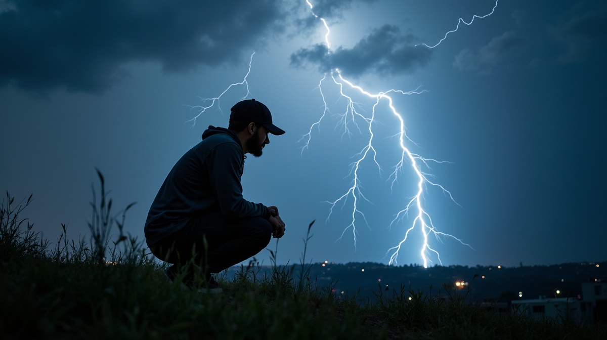 Pessoa demonstrando posição de segurança agachada durante tempestade elétrica ao ar livre