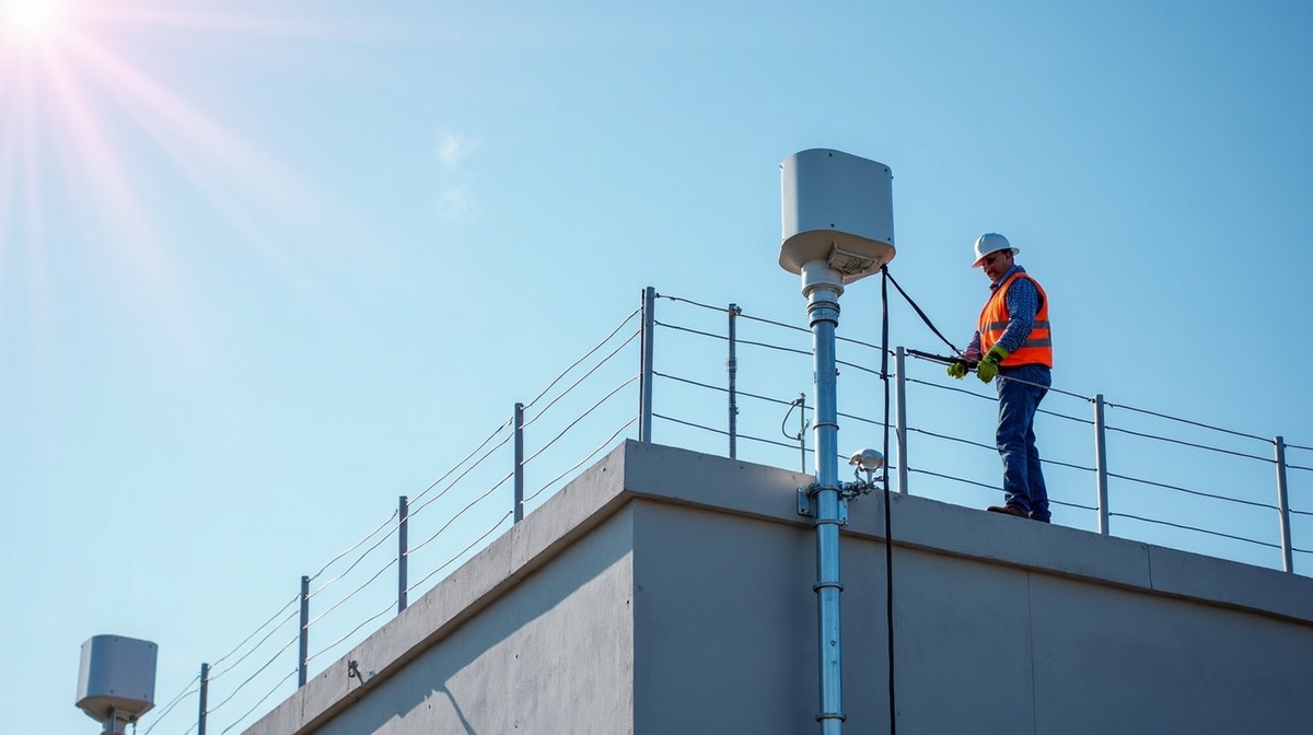 Sistema de proteção contra descargas atmosféricas instalado em telhado de edifício
