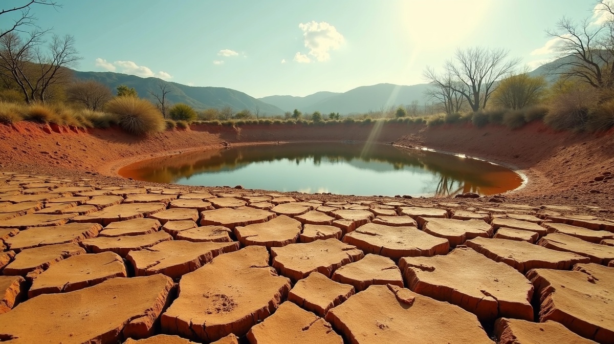 Paisagem de seca no semiárido brasileiro com terra rachada e reservatório vazio