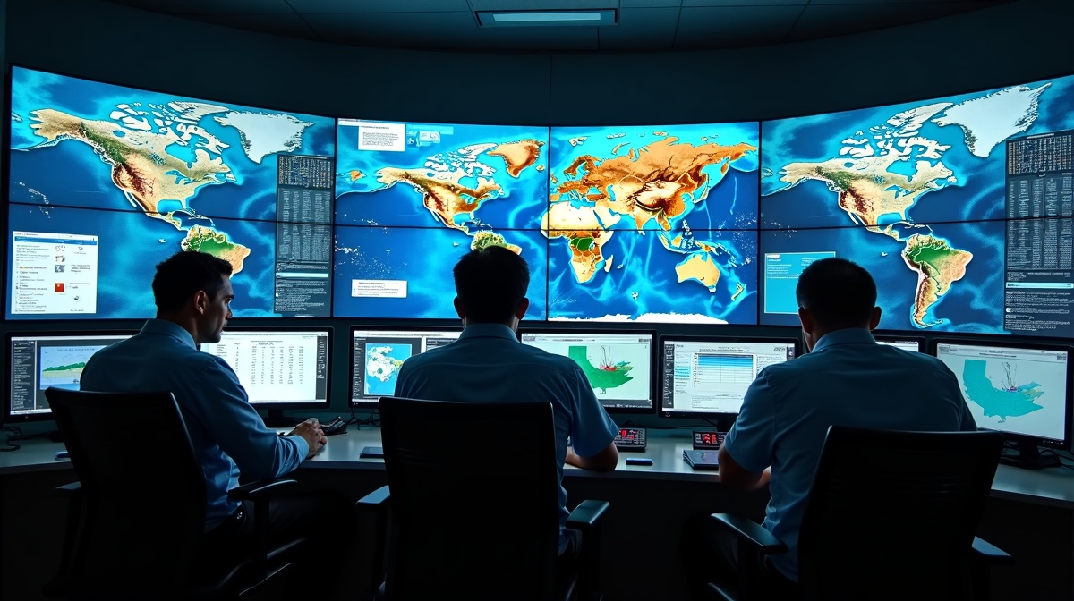 Centro de monitoramento de seca com telas mostrando dados de satélite e equipe analisando
