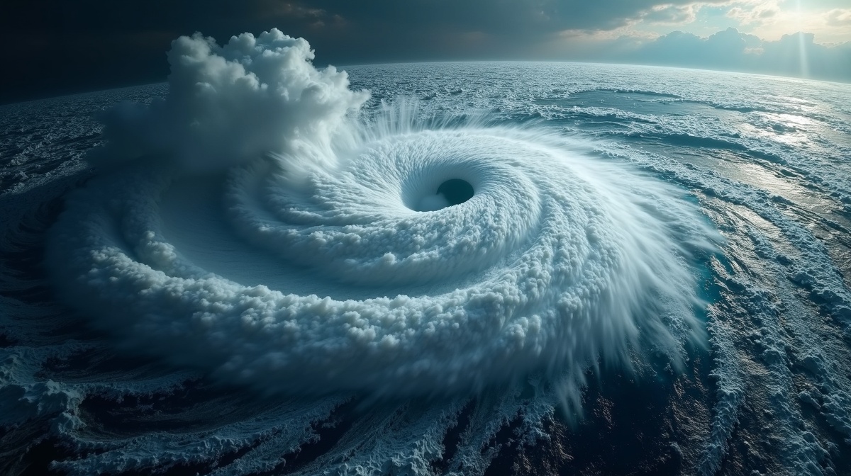 Vista de satélite de poderoso furacão se aproximando da costa com sistema de nuvens em espiral