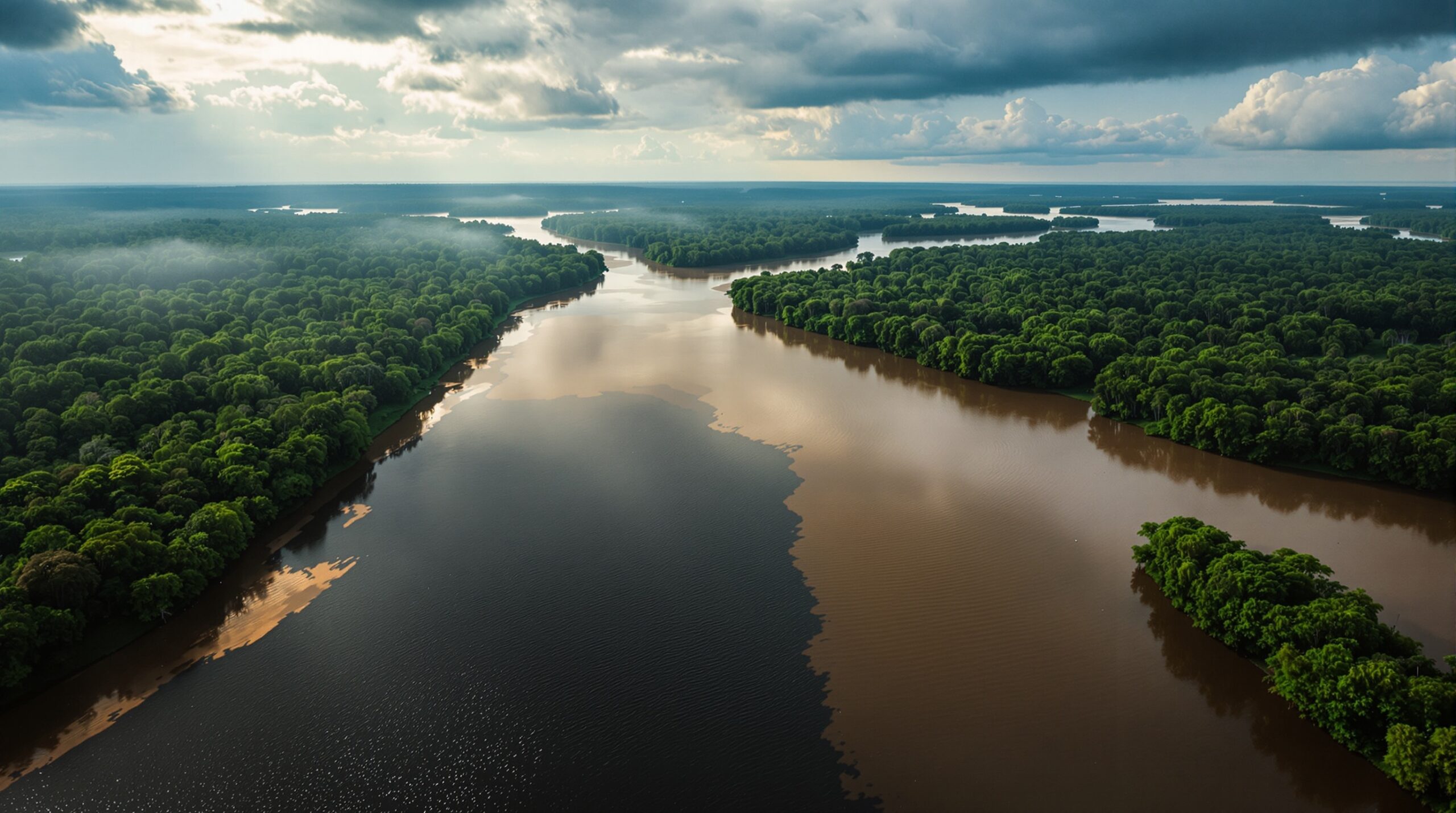 Vista aérea do Encontro das Águas em Manaus com Rio Negro escuro e Solimões barrento