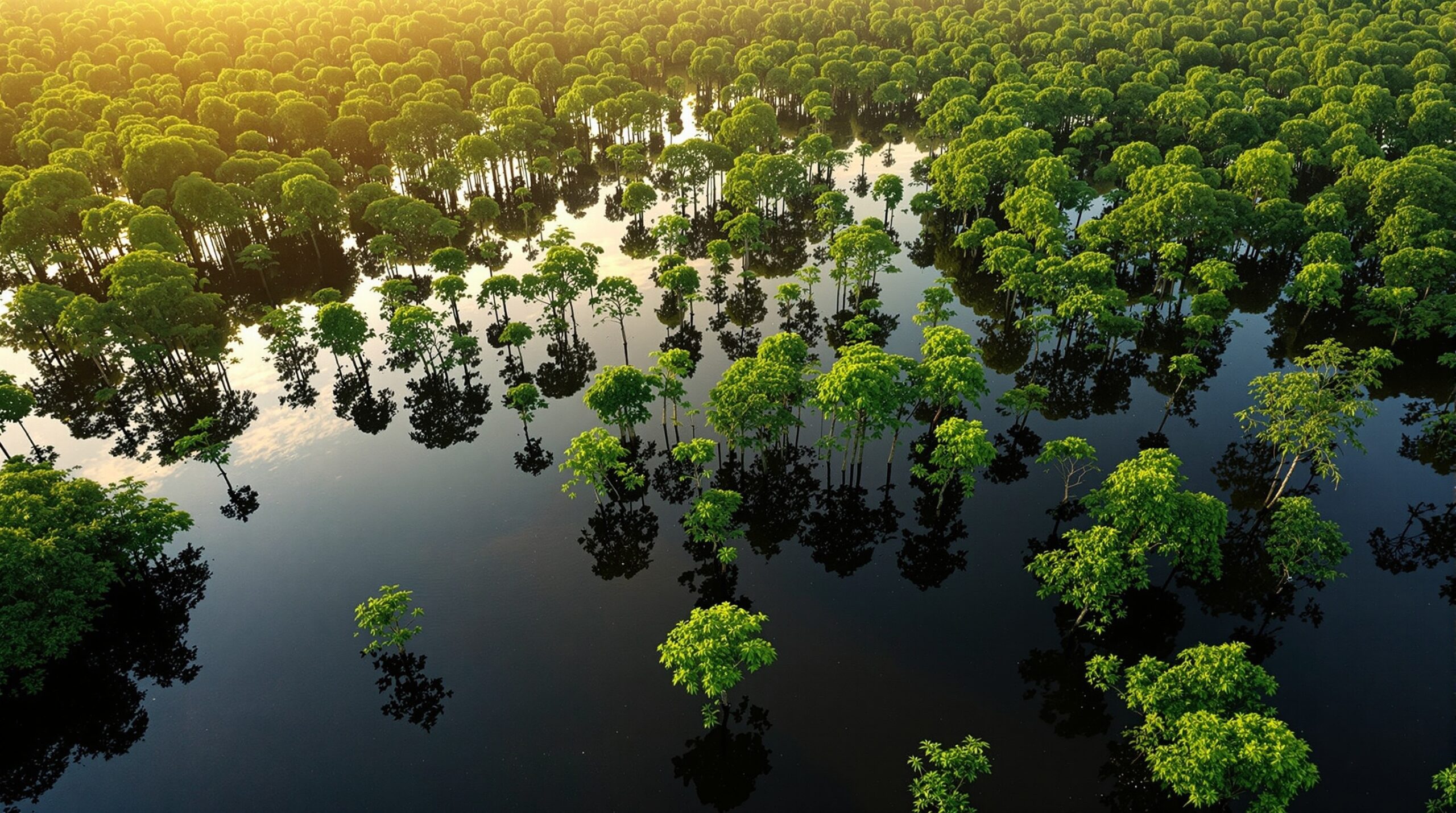 Floresta amazônica inundada durante a cheia com árvores submersas e reflexos na água