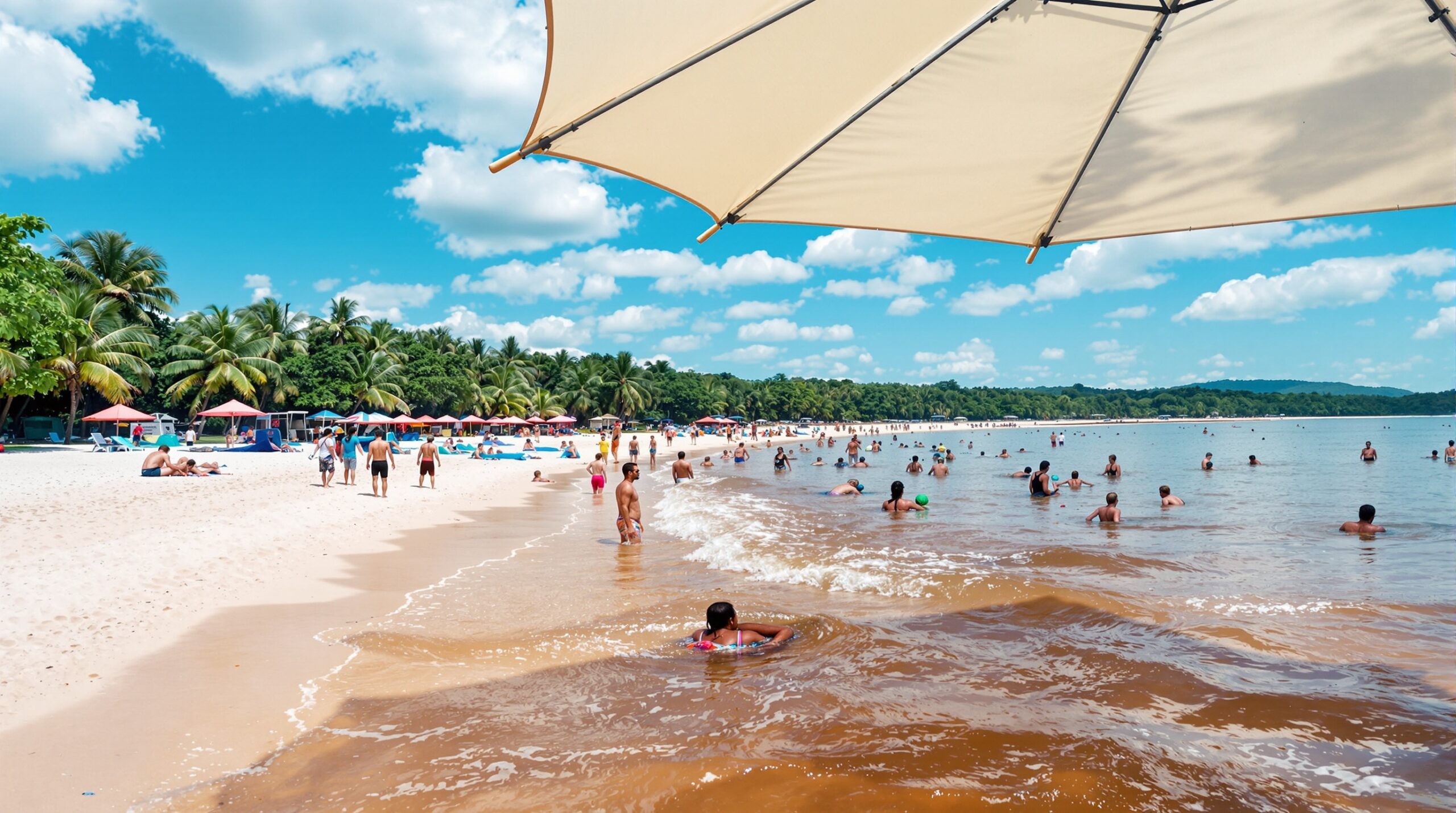 Turistas curtindo a Praia da Lua em Manaus durante a estação seca com água quente e céu azul