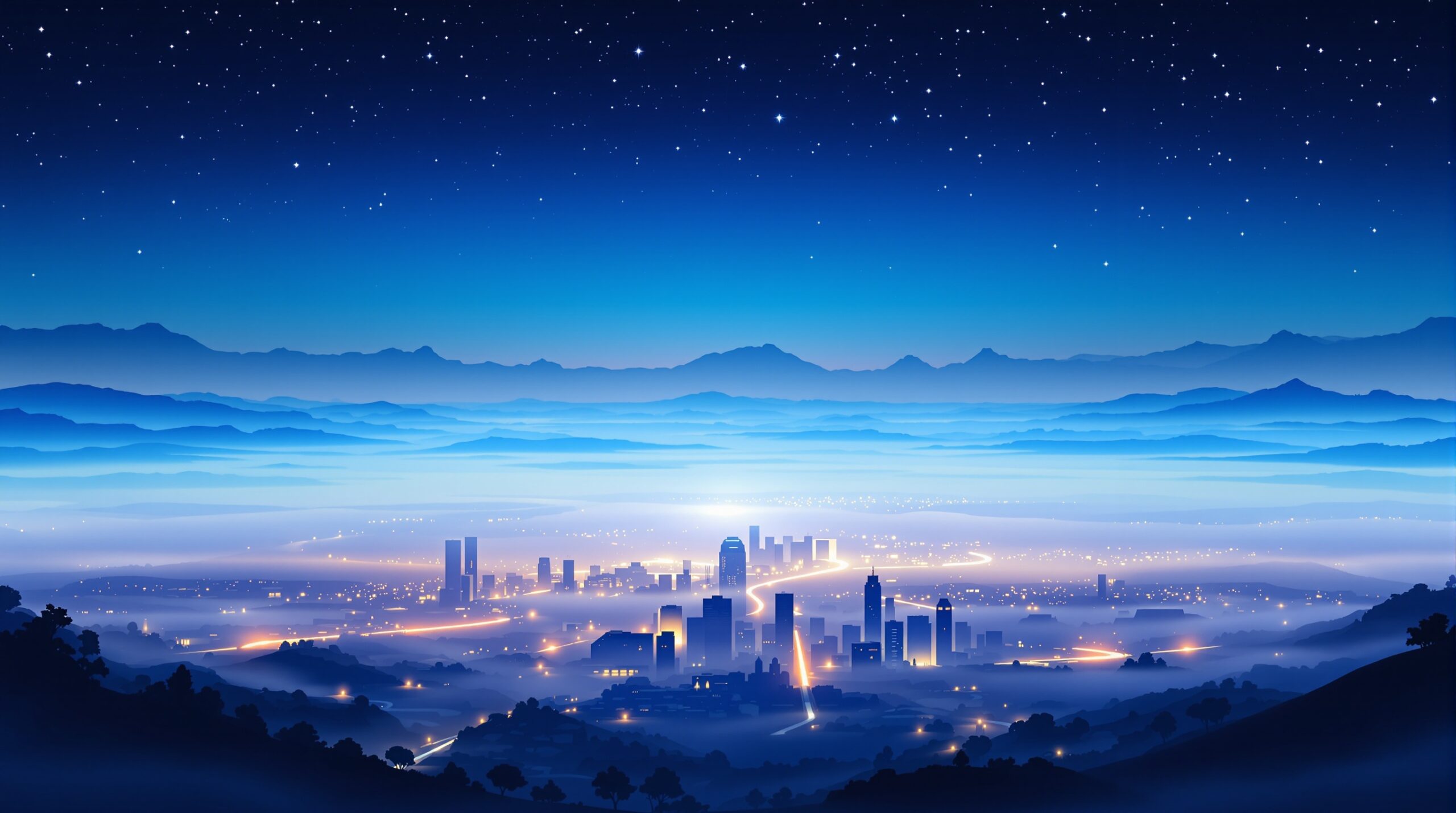 Ilustração da inversão térmica sobre Curitiba com ar frio acumulado no vale e céu estrelado acima