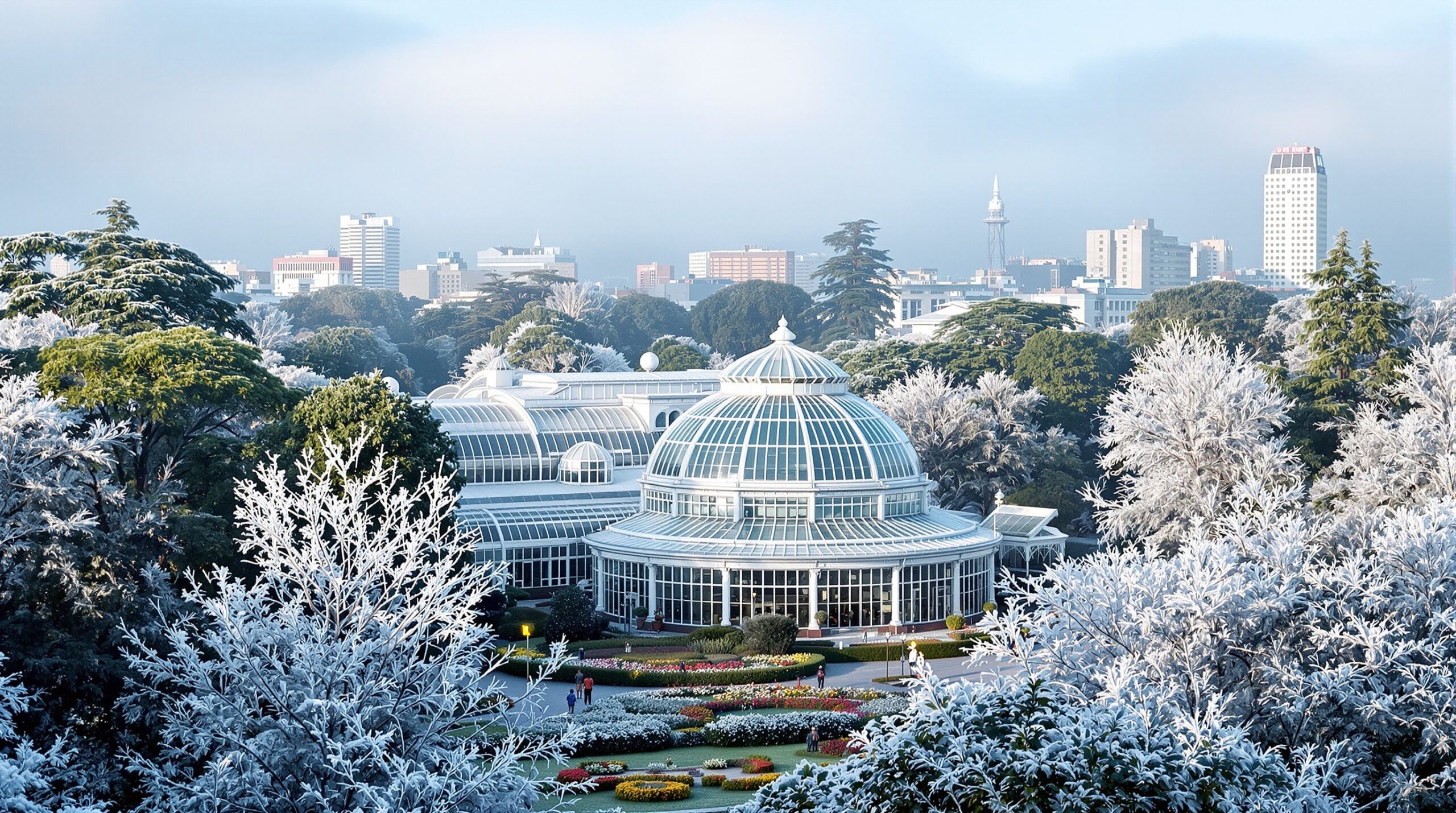 Jardim Botânico de Curitiba coberto de geada em manhã de inverno com cúpula de vidro e árvores congeladas