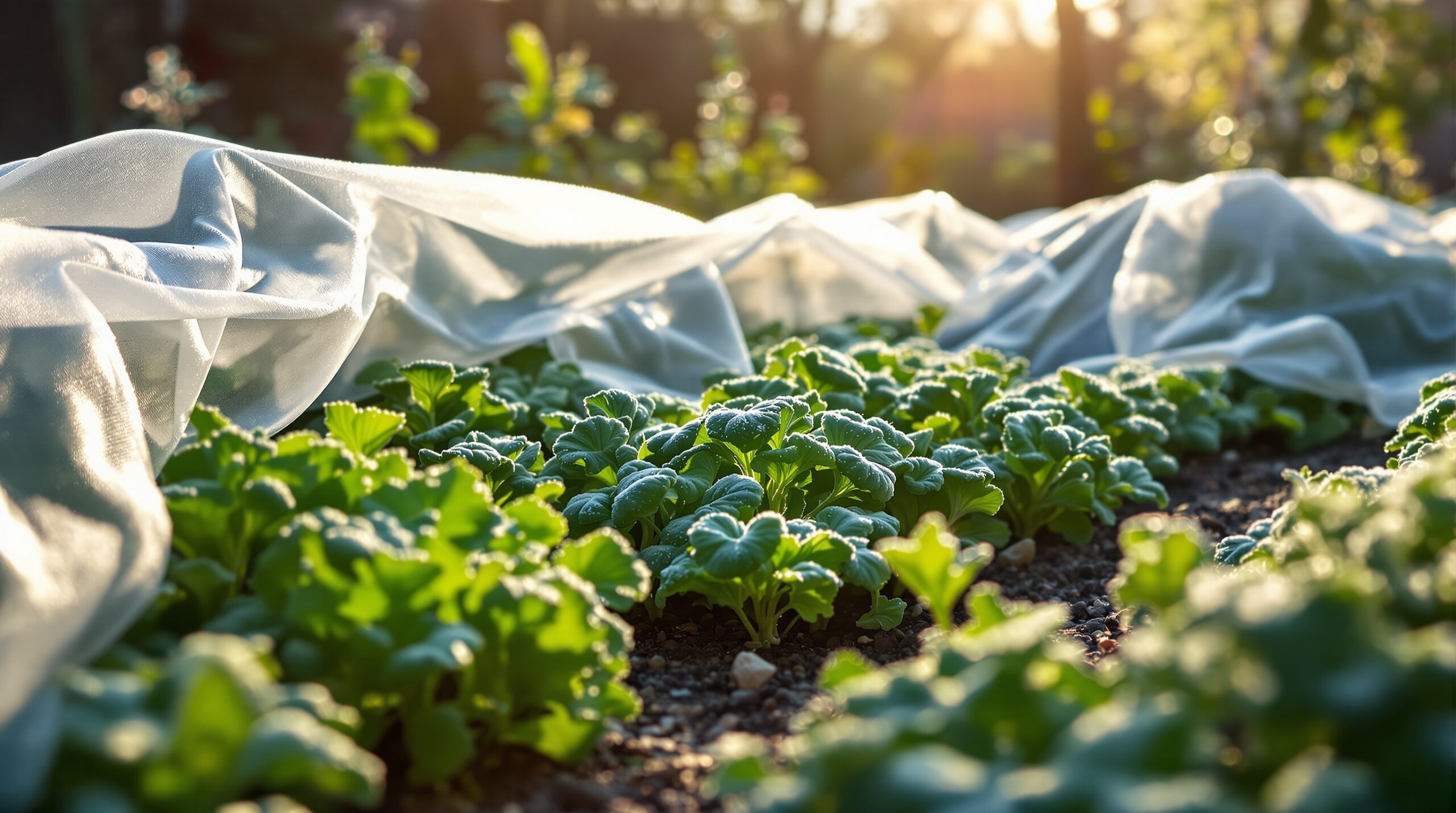 Horta urbana em Curitiba com plantas cobertas por tecido de proteção contra geada