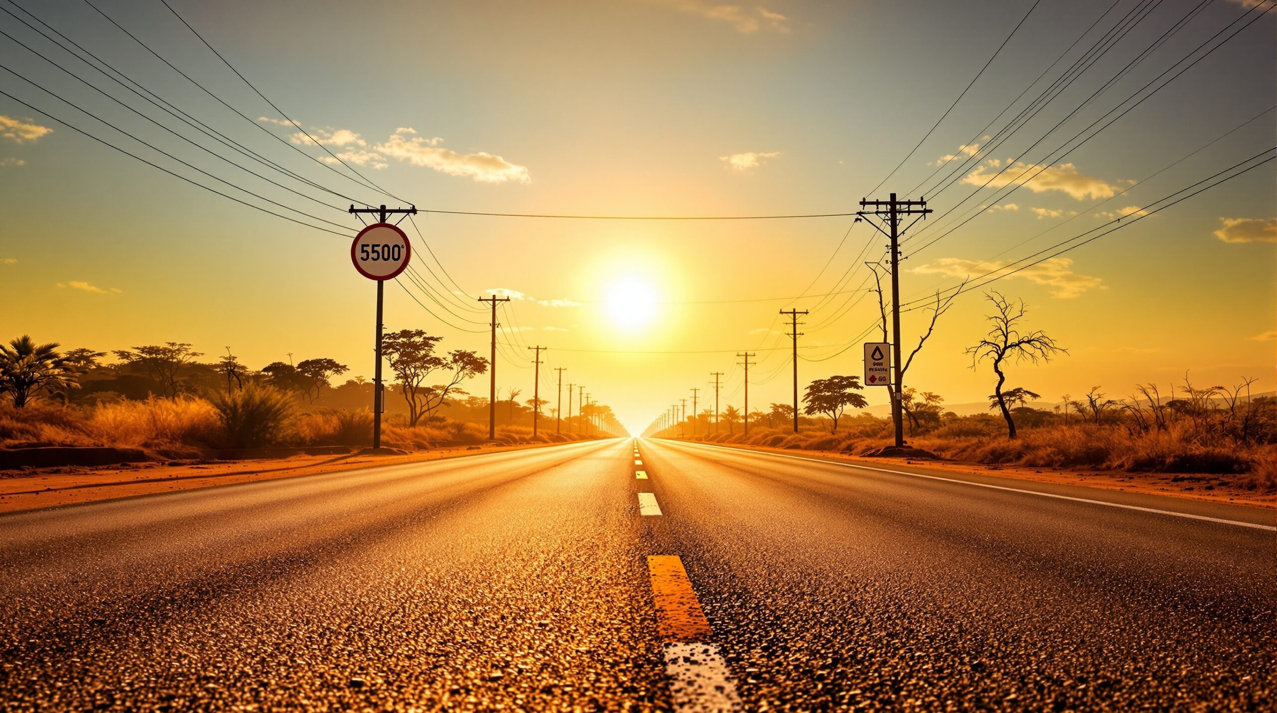 Onda de calor extrema em Cuiabá com ruas vazias sob sol escaldante e vegetação do Cerrado ao fundo