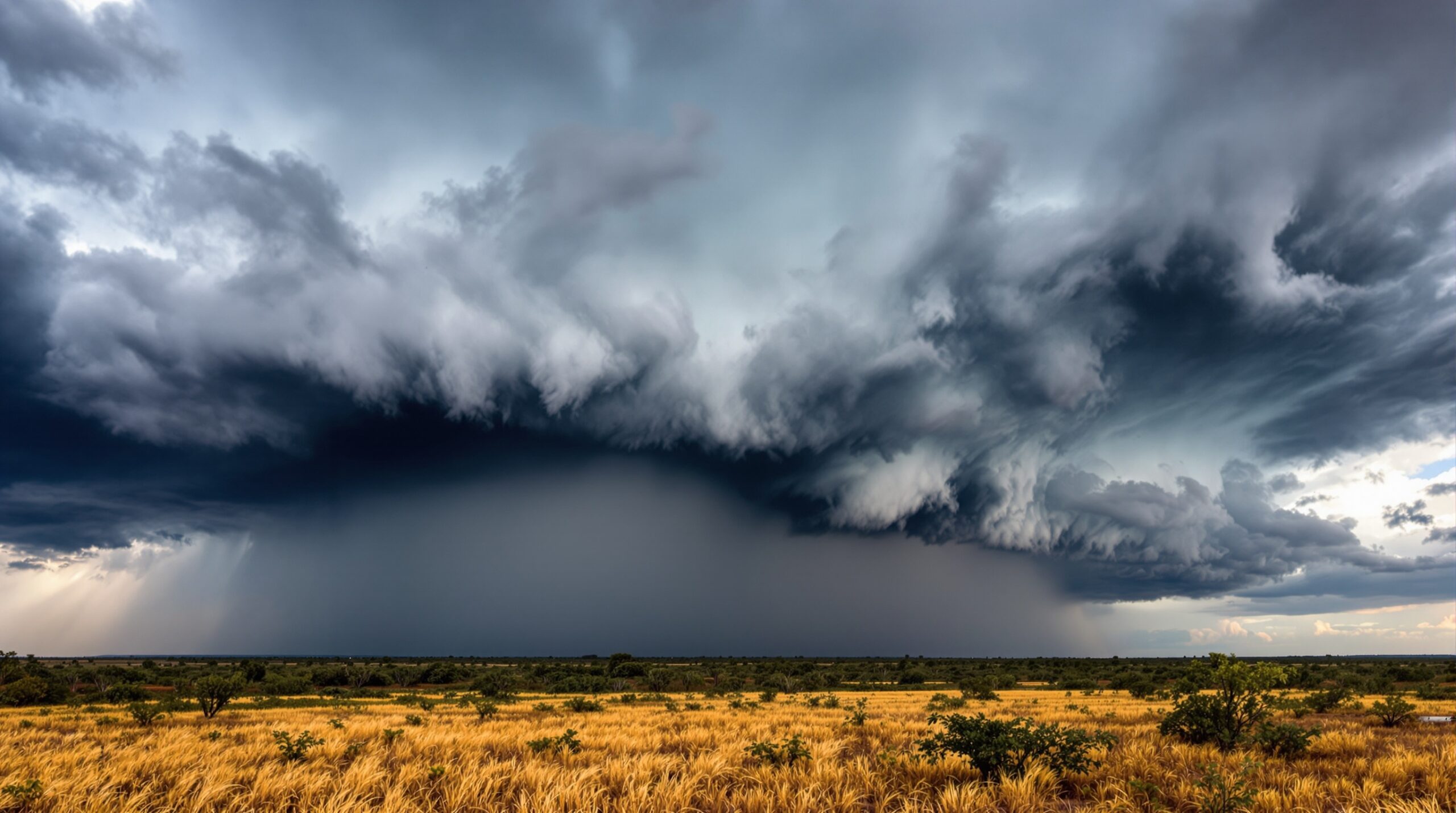 Tempestade de verão sobre o Cerrado perto de Cuiabá com nuvens escuras e chuva intensa