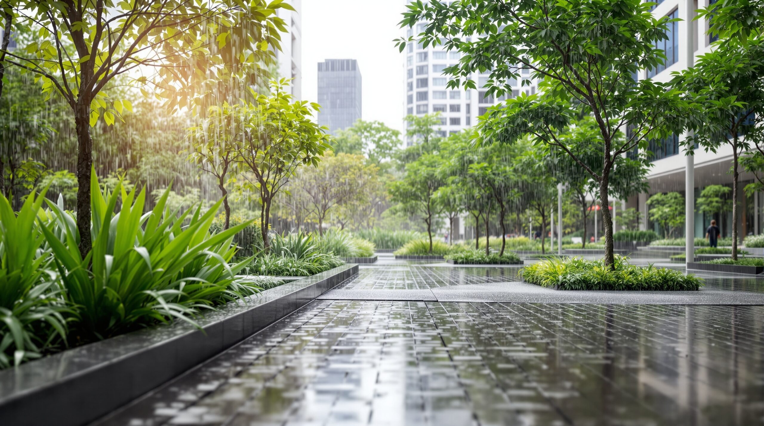 Infraestrutura verde em São Paulo com jardim de chuva e pavimentação permeável durante chuva leve