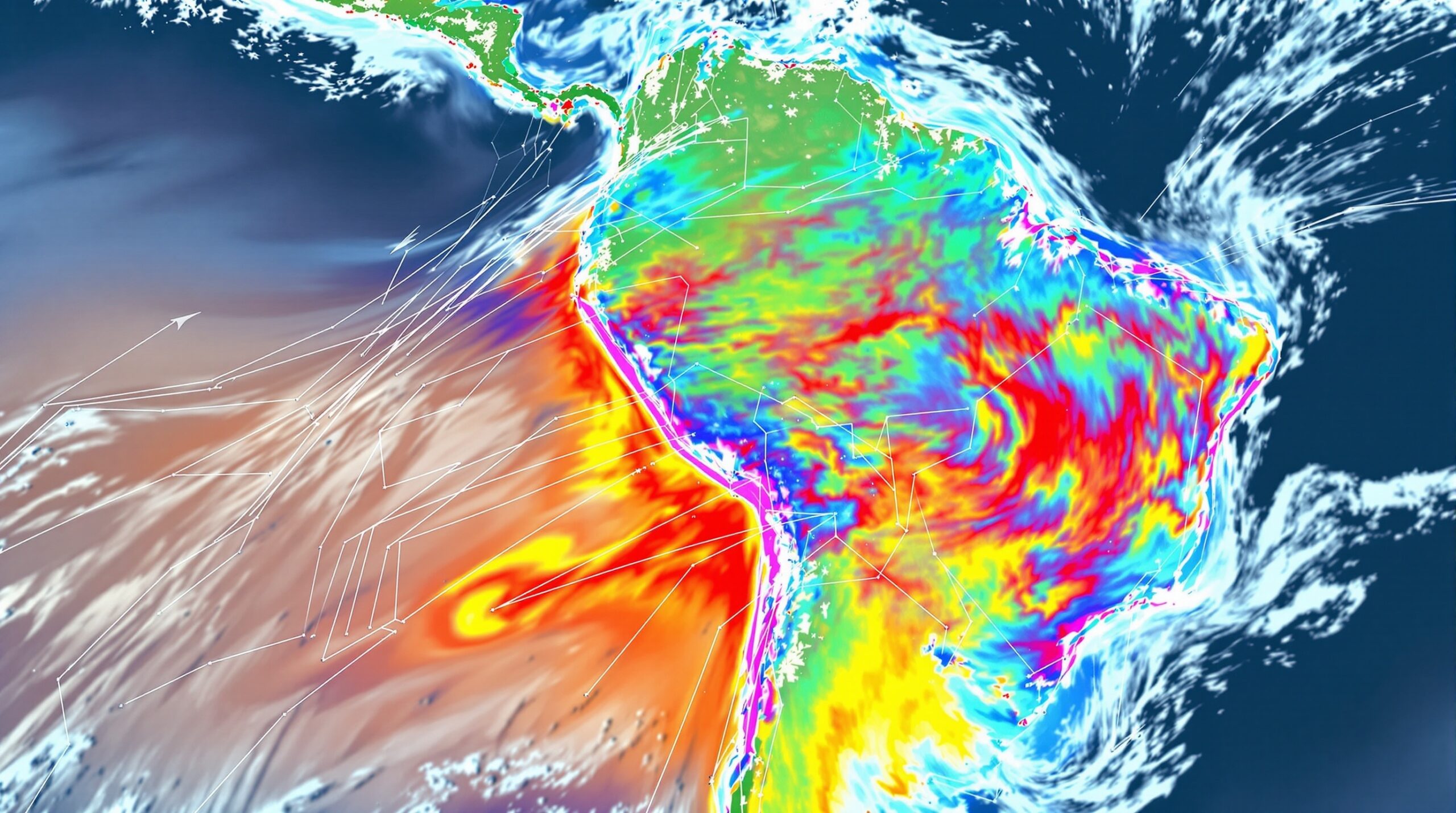 Mapa da América do Sul mostrando a intrusão de ar frio do Atlântico até a Amazônia e o Acre