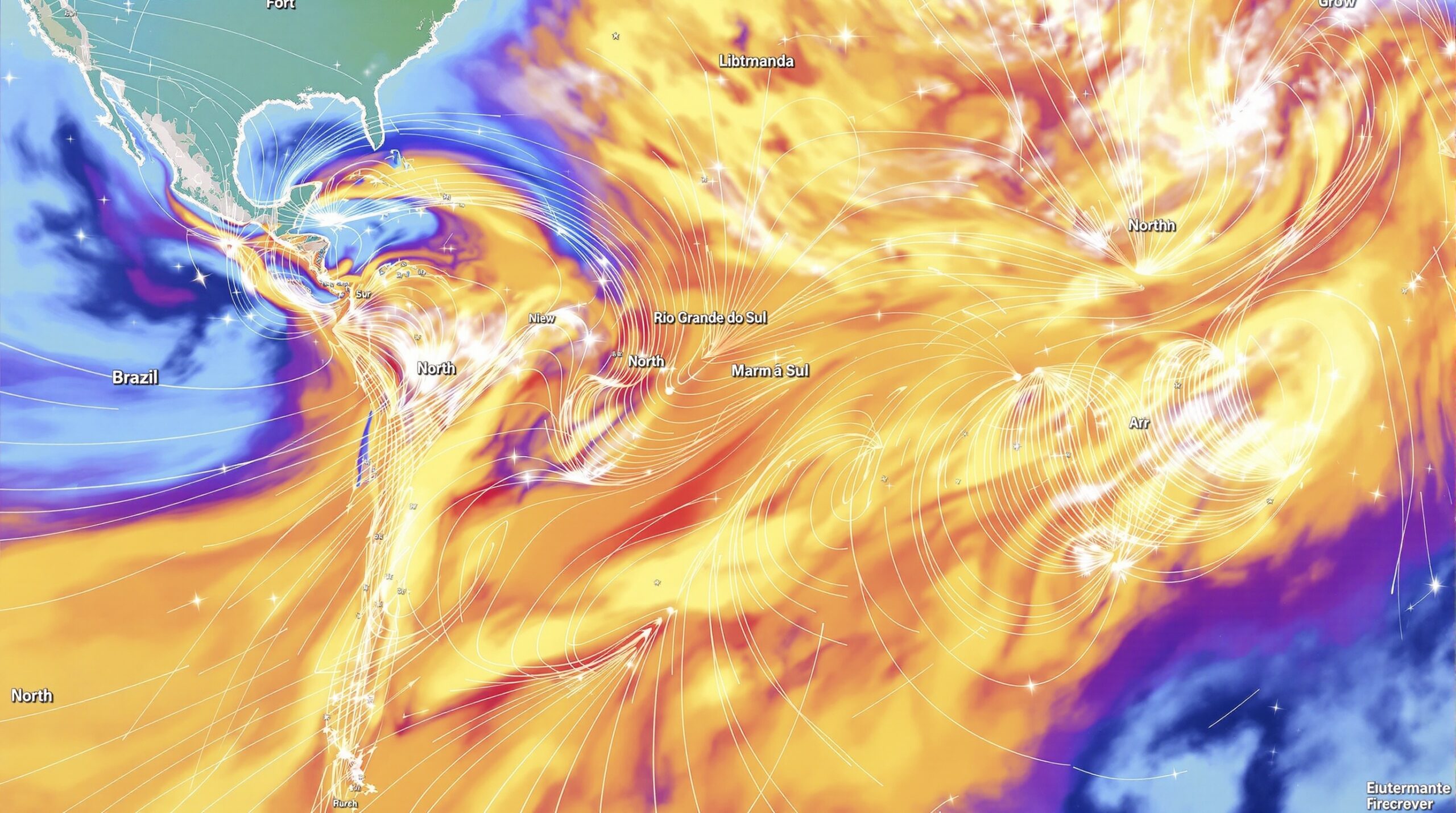 Mapa meteorológico mostrando formação do vento norte no Rio Grande do Sul com frente fria e intrusão de ar quente
