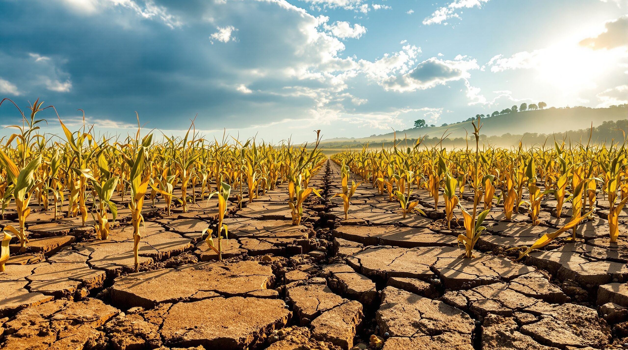 Plantação de soja danificada pelo vento norte quente e seco no Rio Grande do Sul