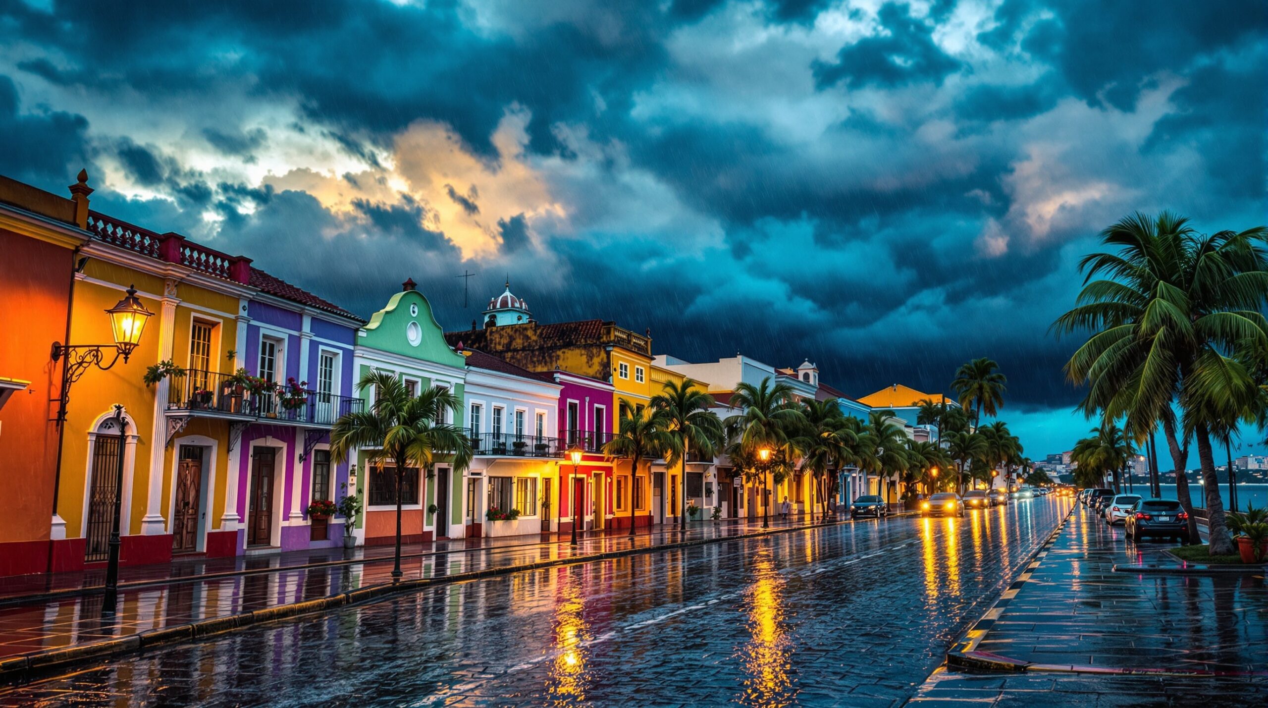 Chuva tropical intensa sobre Salvador com prédios coloniais coloridos no Pelourinho e ruas de paralelepípedo molhadas