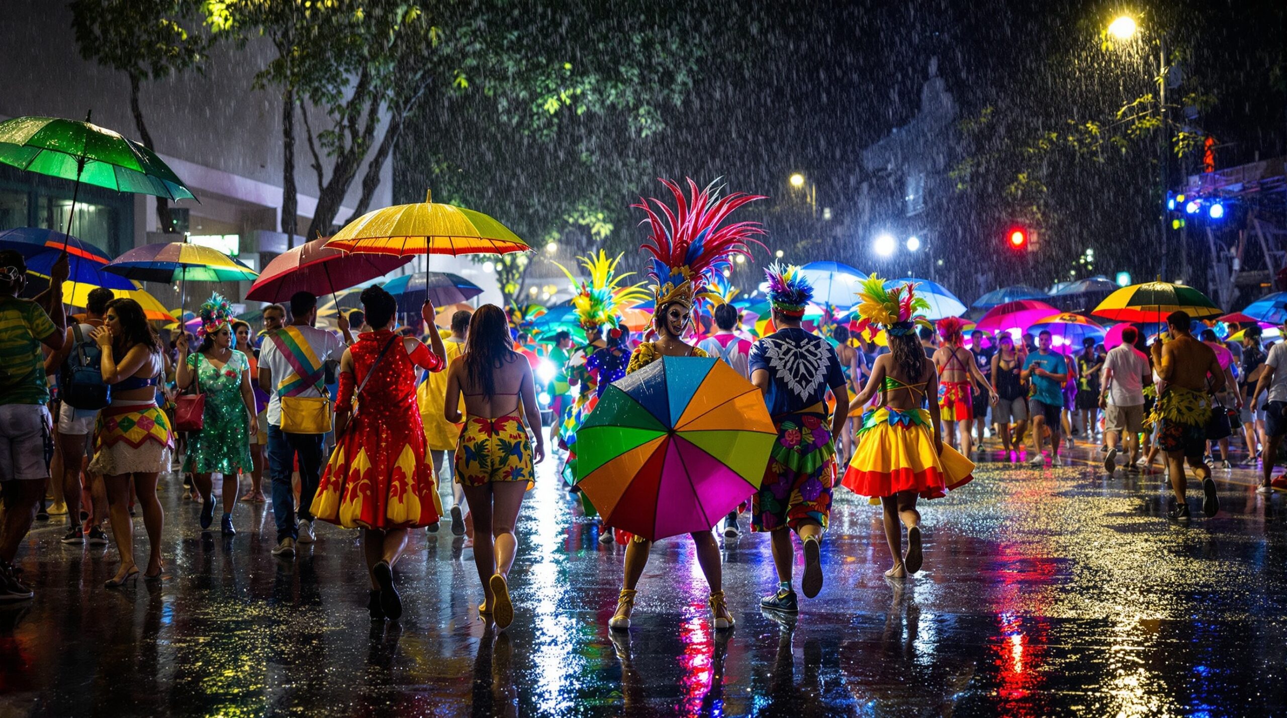 Celebração de carnaval em Salvador sob chuva tropical com pessoas dançando em fantasias coloridas