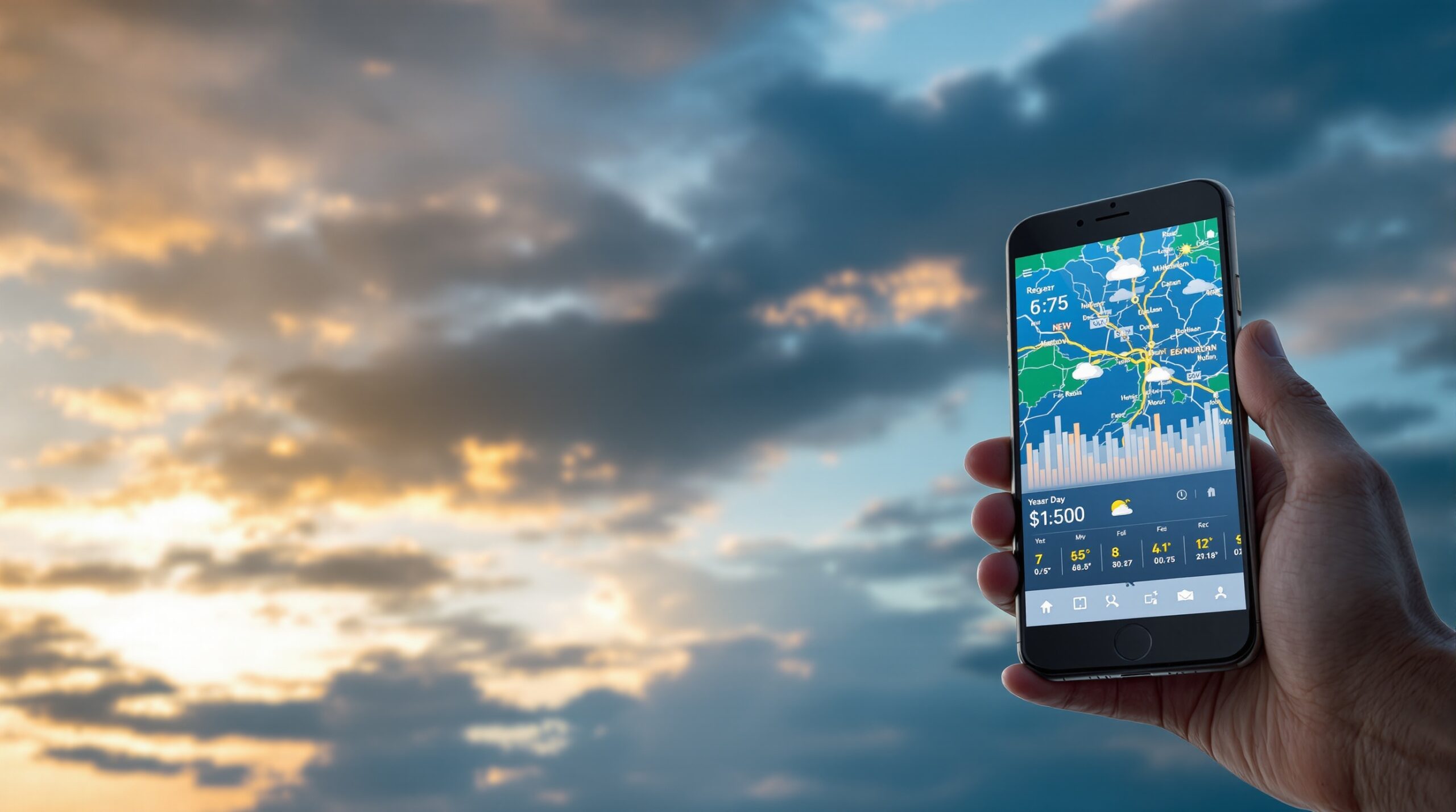 Smartphone mostrando aplicativo de previsão do tempo com mapa de radar e gráficos de temperatura