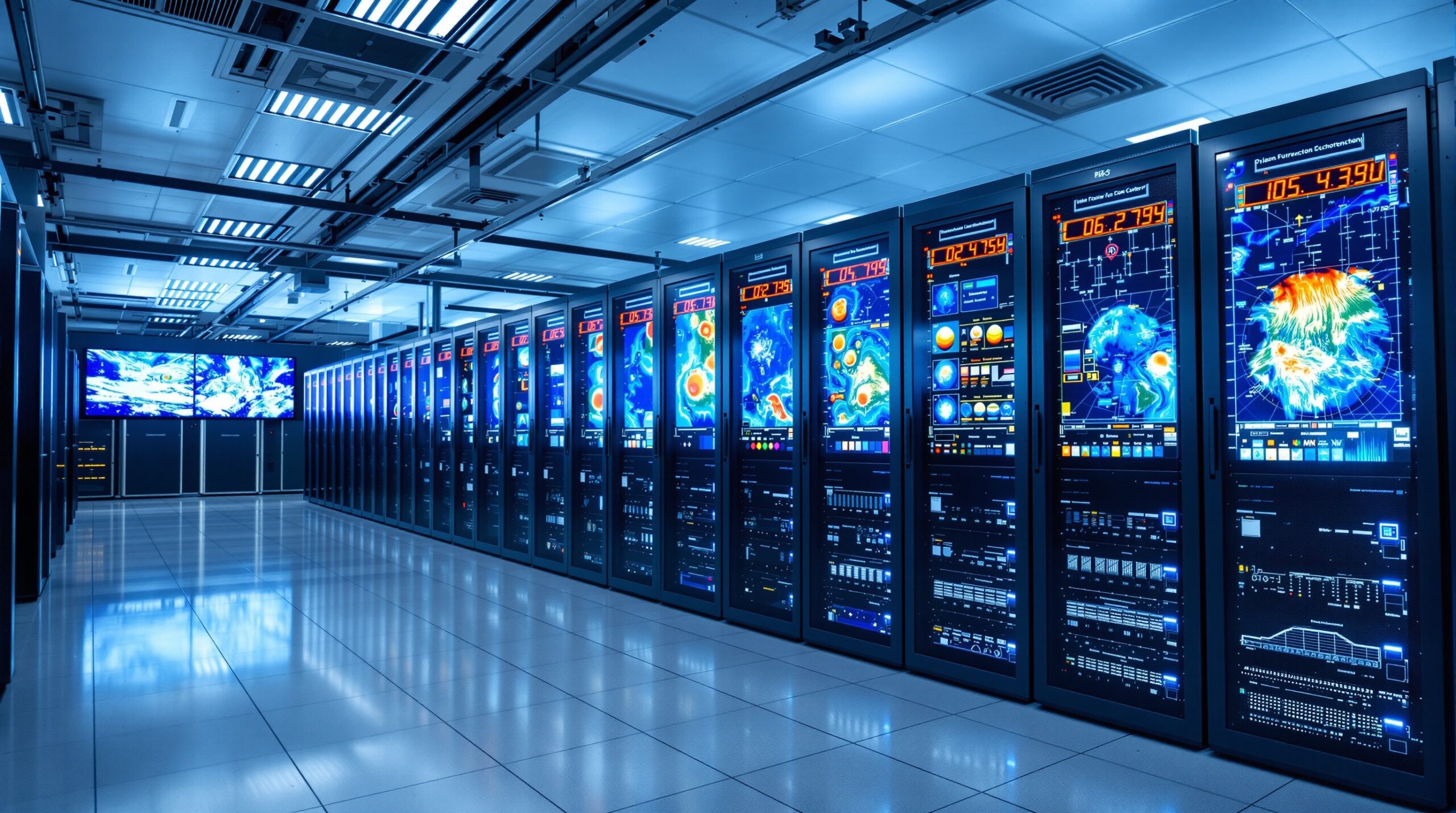 Centro de dados de supercomputador meteorológico para modelagem do tempo com servidores e visualizações atmosféricas