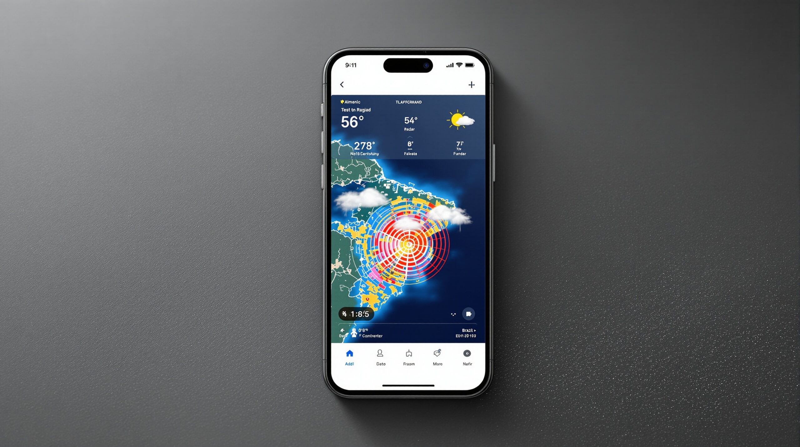 Mockup do app Climatempo em smartphone com mapa de radar do Brasil e previsão de temperatura