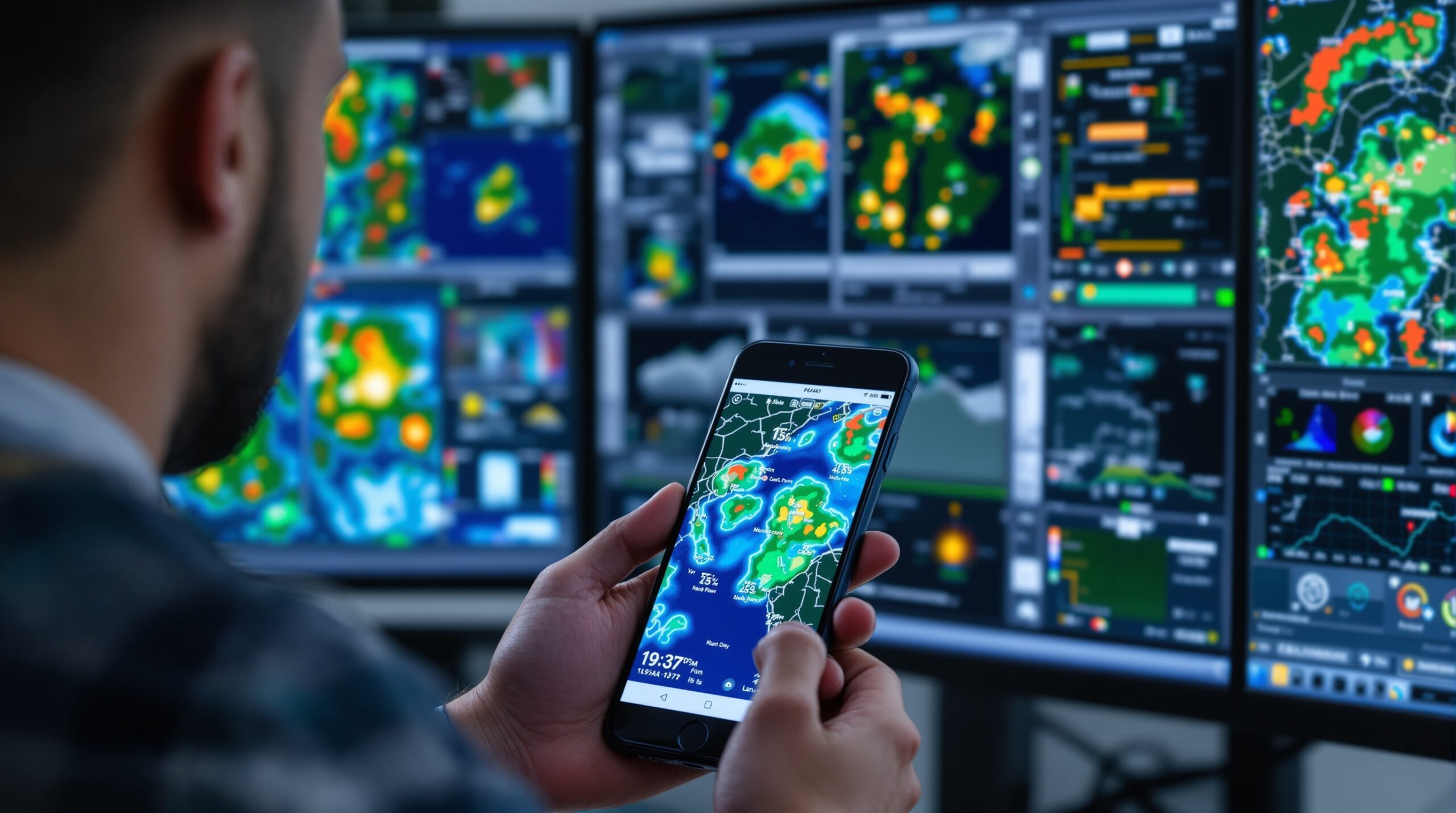 Múltiplos apps de previsão do tempo abertos em smartphone e tablet para comparação