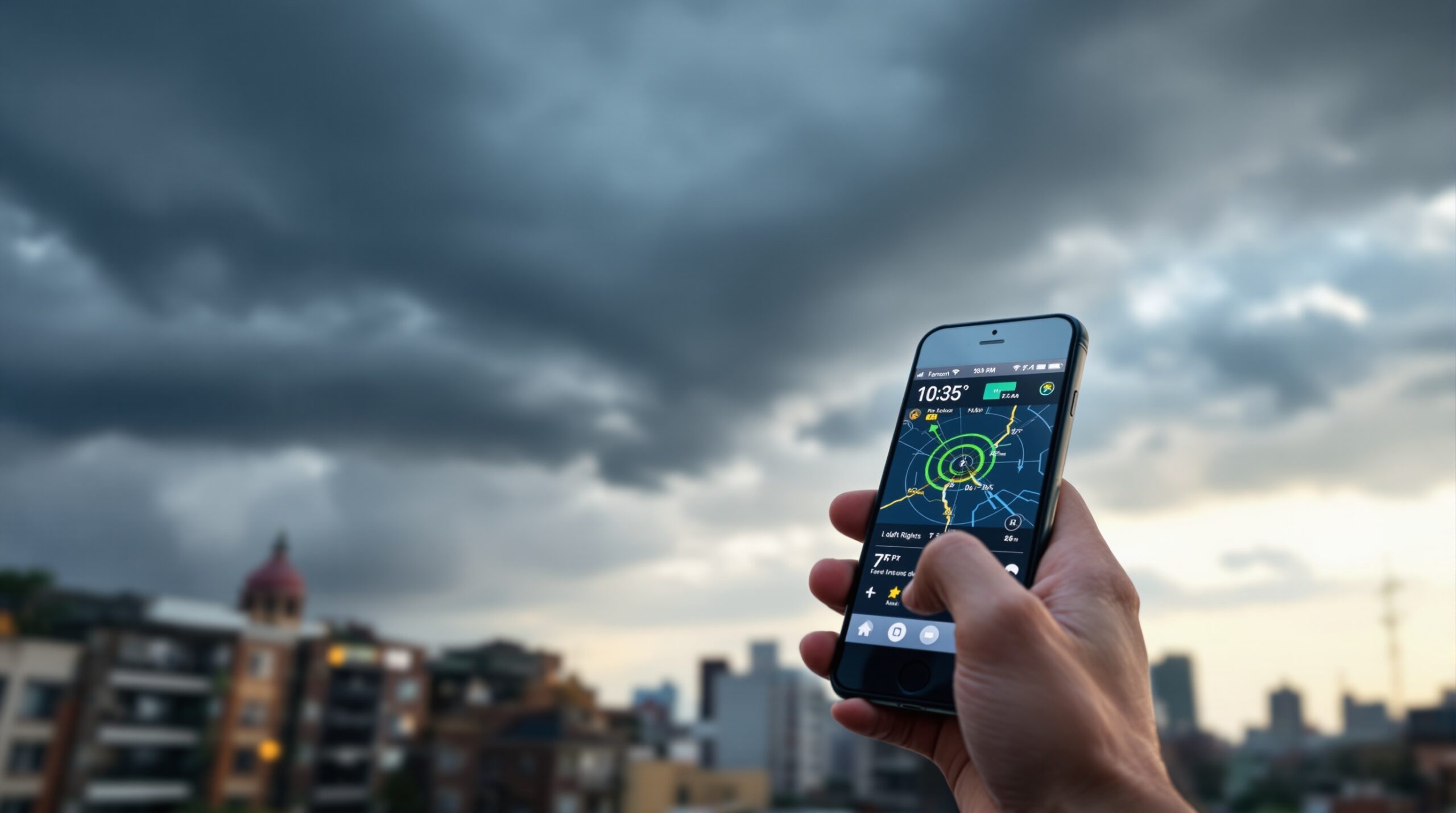 Pessoa usando aplicativo de radar meteorológico enquanto observa tempestade se aproximando na cidade