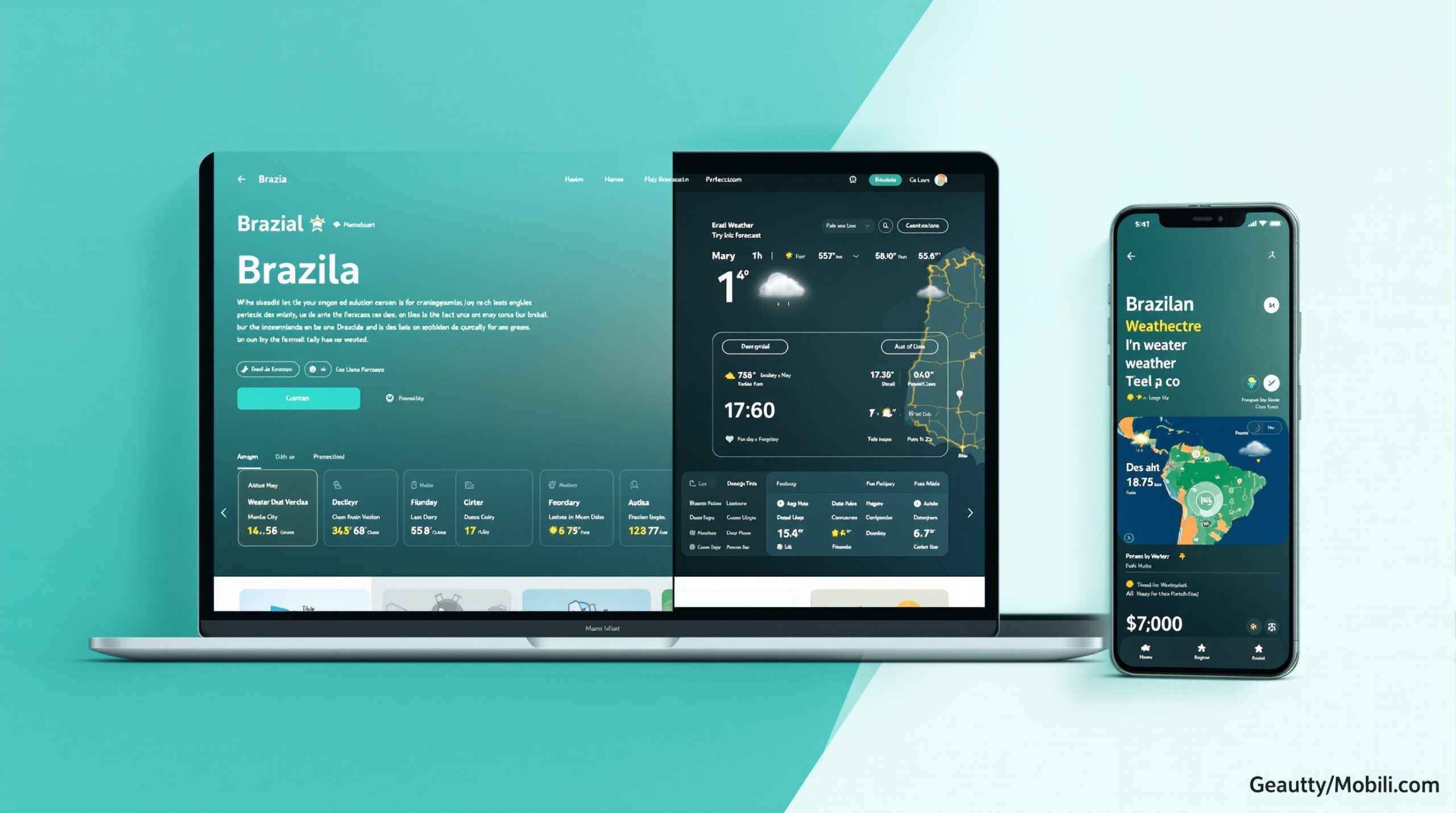 Site moderno de previsão do tempo brasileiro em laptop e smartphone com interface limpa e dados meteorológicos