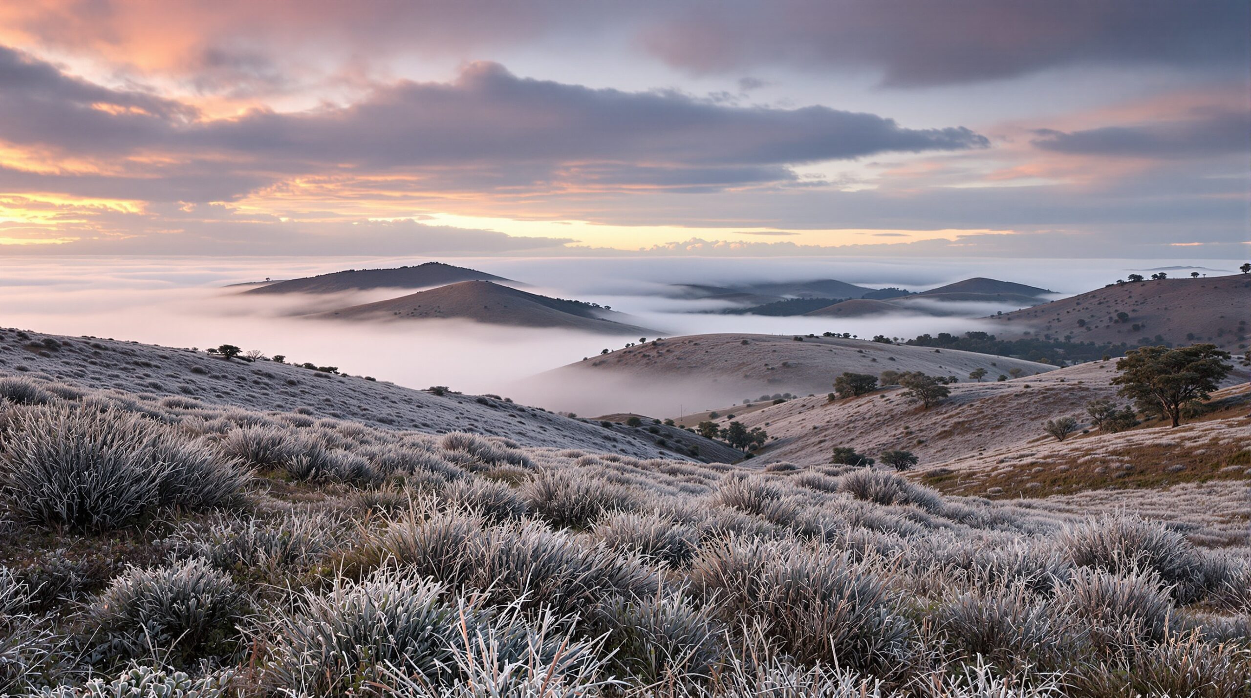 Paisagem de inverno brasileiro com neblina sobre montanhas e campos