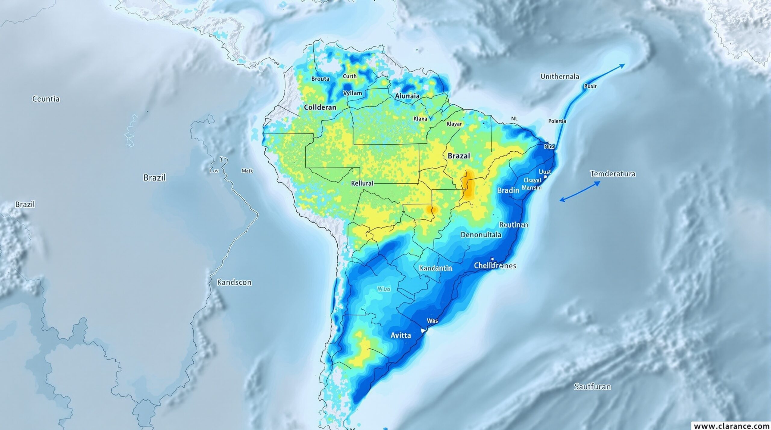 Mapa do Brasil mostrando a trajetória da frente fria e os estados afetados
