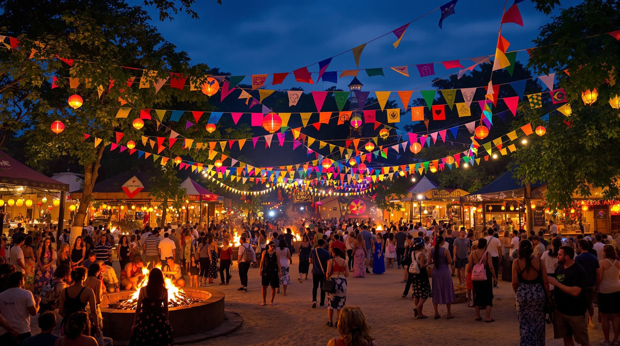 Festa Julina com decoração colorida e fogueira em noite fria de julho