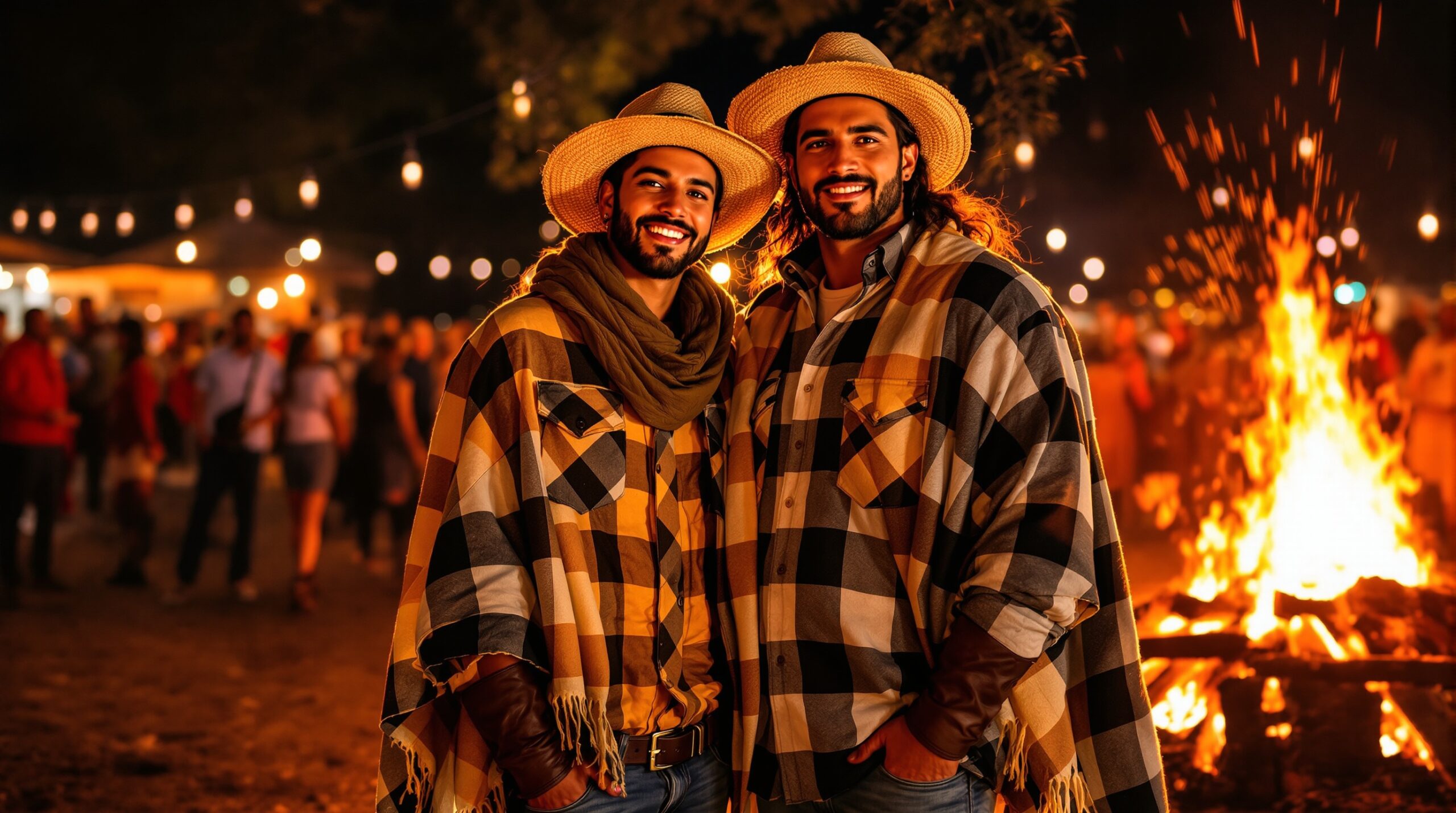 Casal com looks caipiras de inverno em Festa Junina
