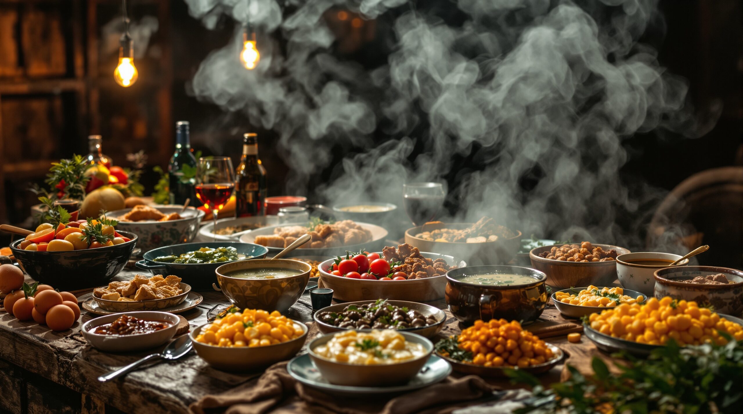 Mesa farta de comidas típicas de Festa Junina com vapor das comidas quentes