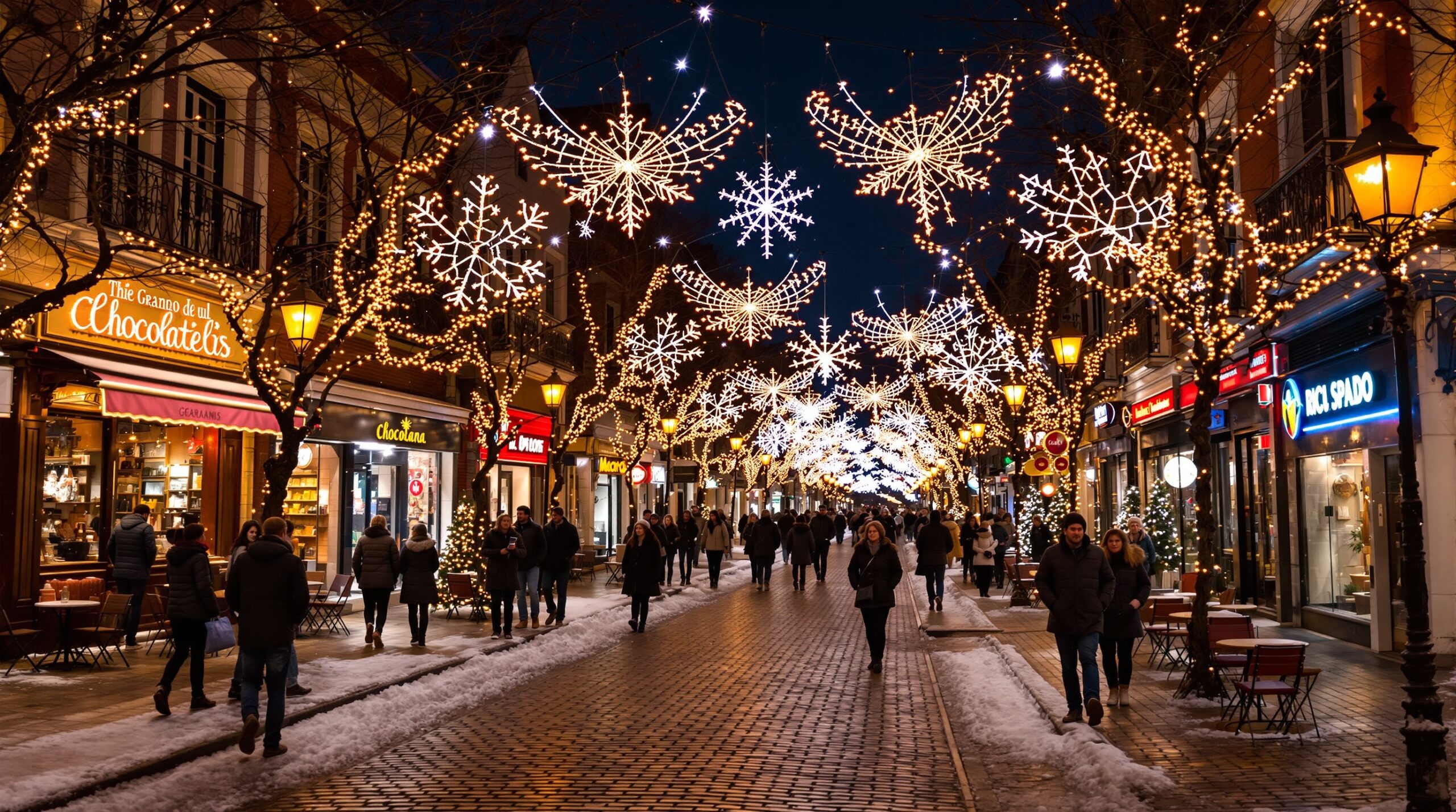 Gramado (RS) decorada no inverno com ruas iluminadas e turistas