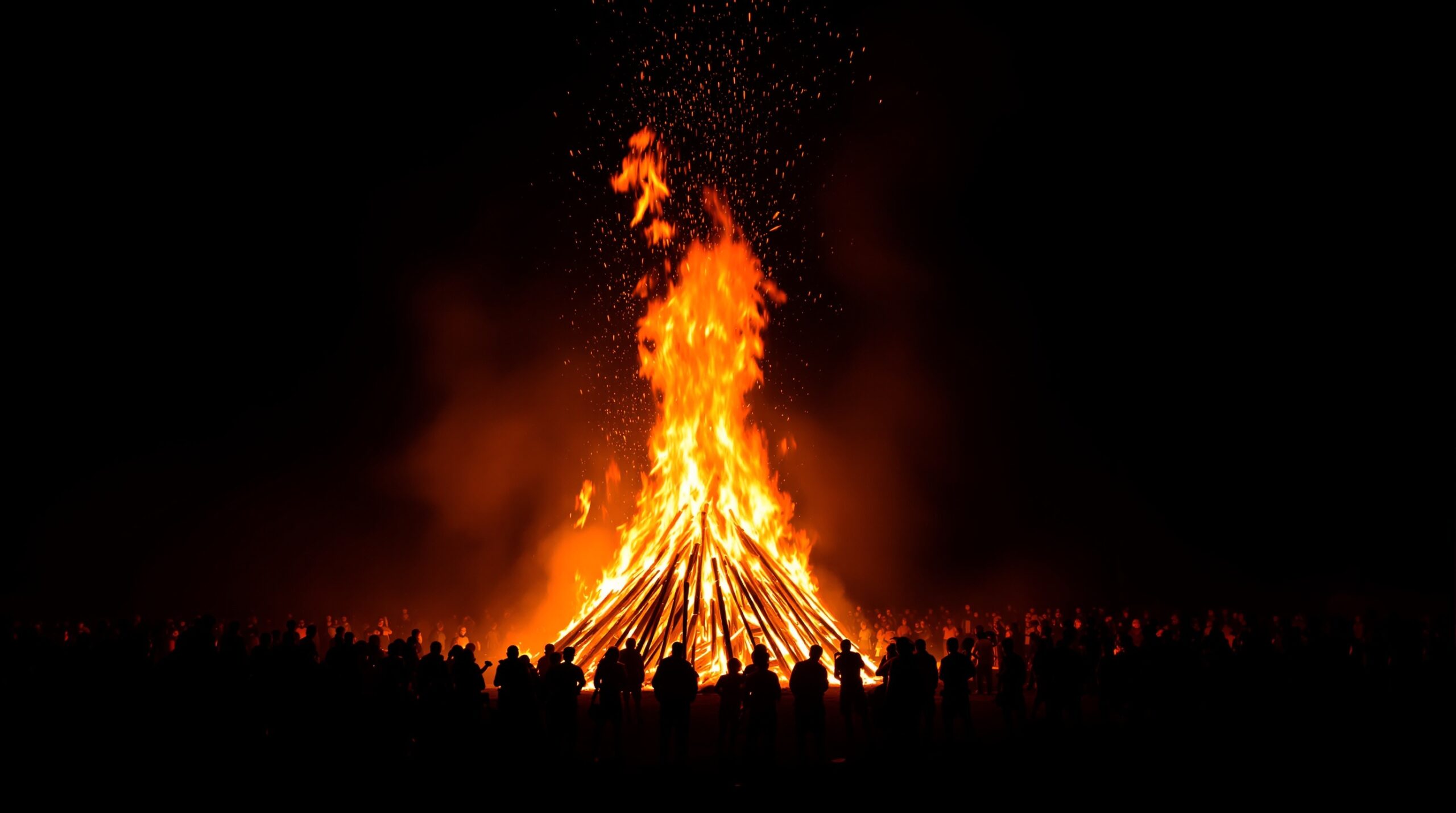 Grande fogueira de Festa Junina com pessoas ao redor em noite fria