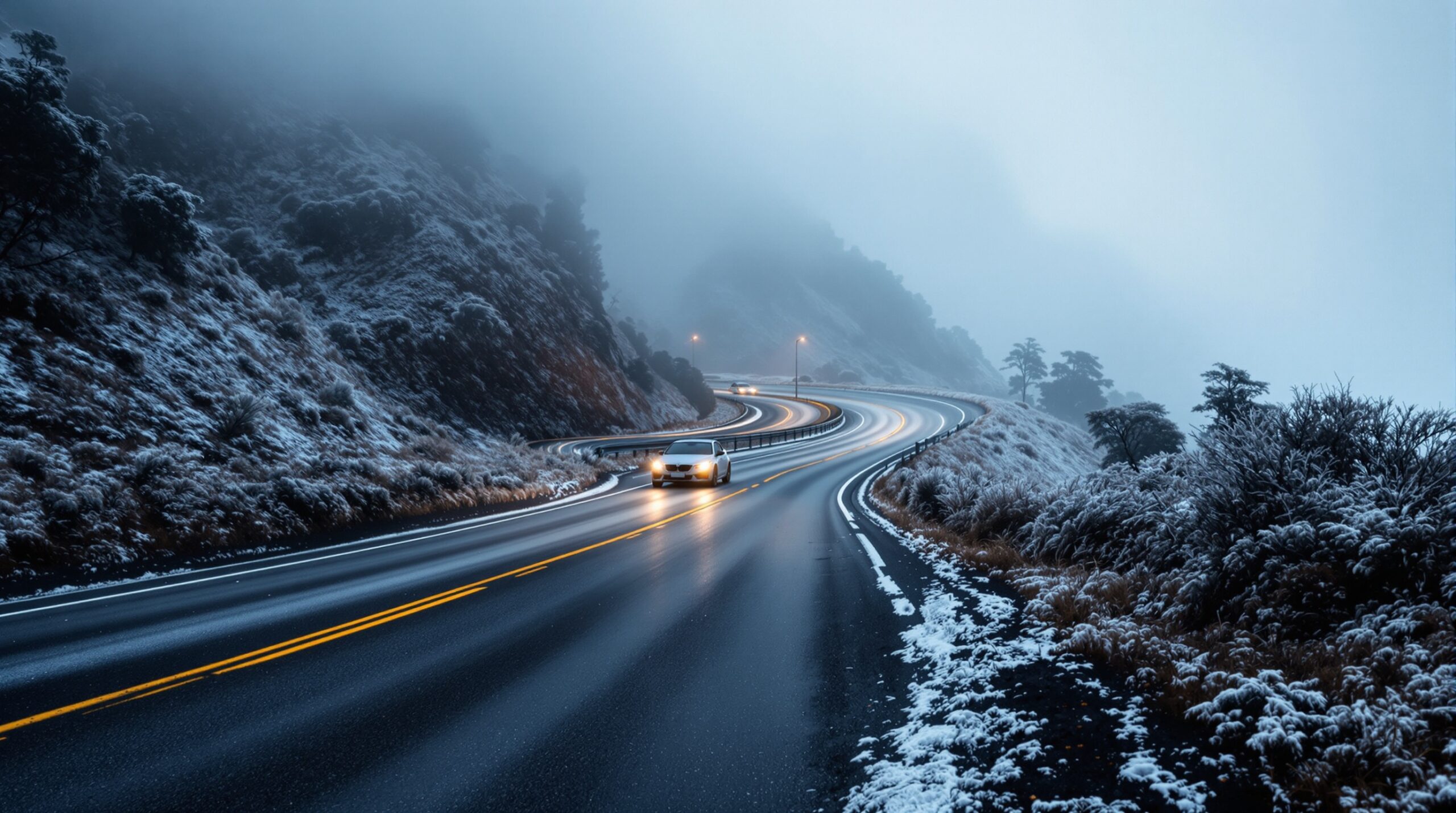Estrada de montanha com neblina densa e carro trafegando com cuidado no inverno